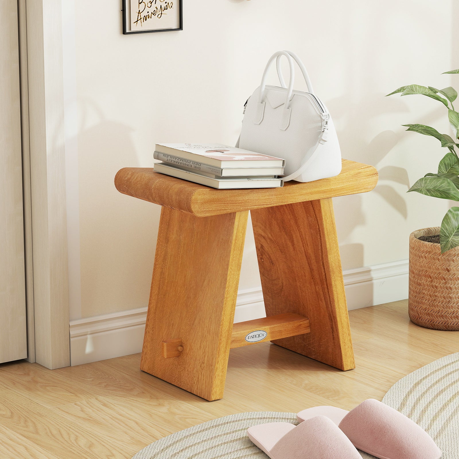 19.5 Inch Teak Shower Bench with Curved Seat for Shaving Legs, Natural Bath Safety at Gallery Canada