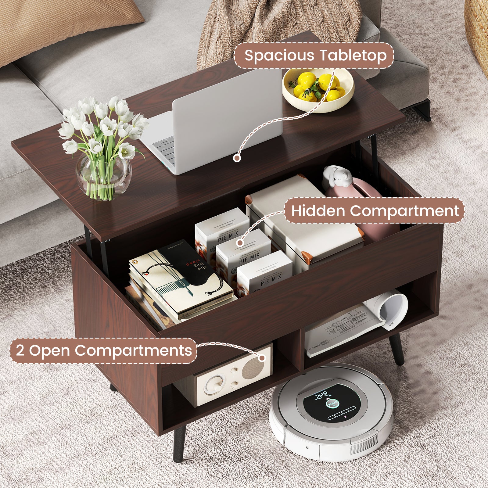 31.5 Inch Lift-Top Coffee Table with Hidden Storage and 2 Open Shelves, Brown Living Room at Gallery Canada
