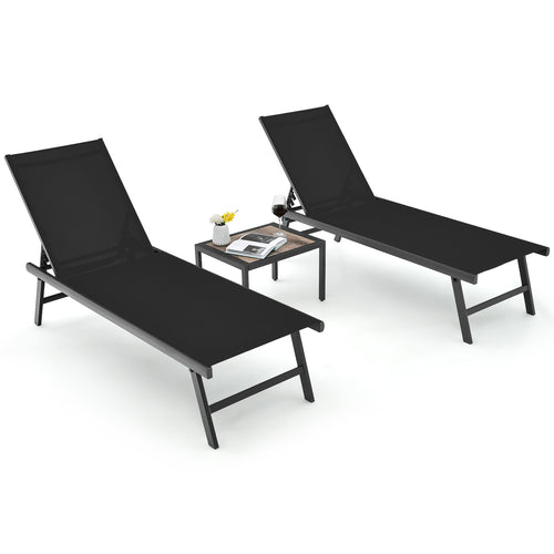3 Pieces Patio Chaise Lounge Chair and Table Set for Poolside Yard, Black