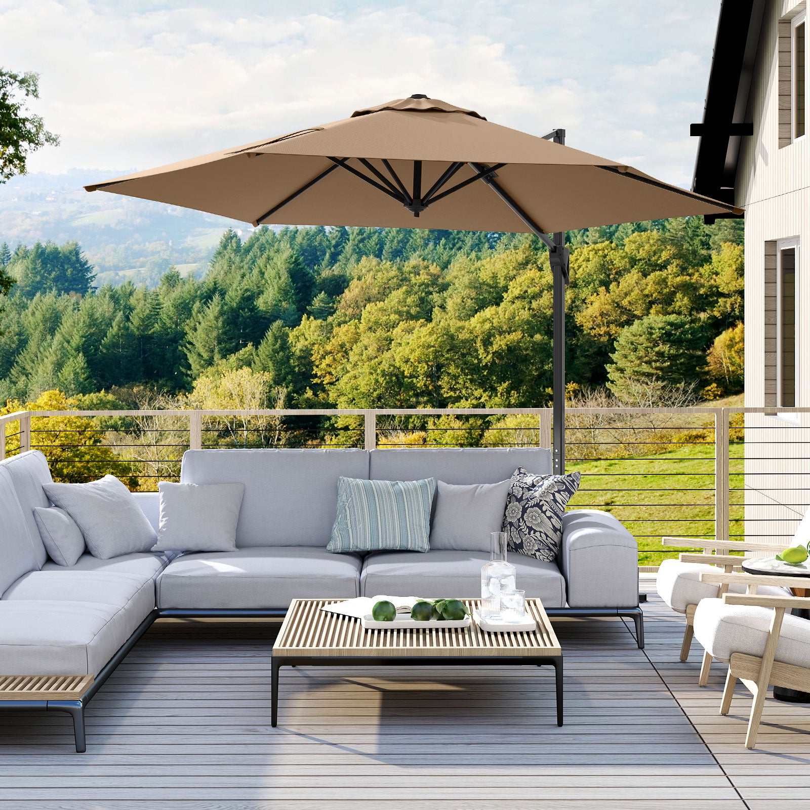 9 FT Cantilever Patio Umbrella with Vented Top and Sun-Protective Canopy, Brown Outdoor Umbrellas at Gallery Canada