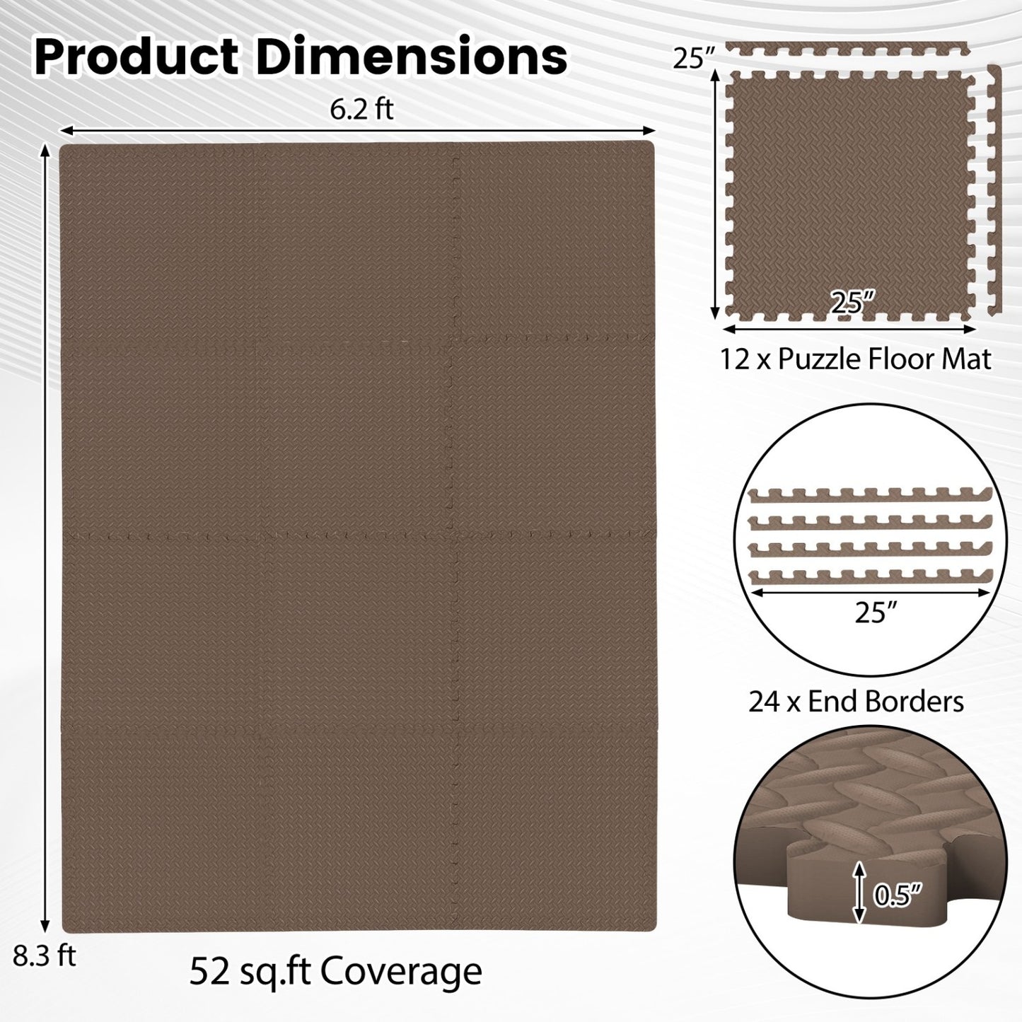 12 Tiles 1/2" Puzzle Exercise Mats, Brown