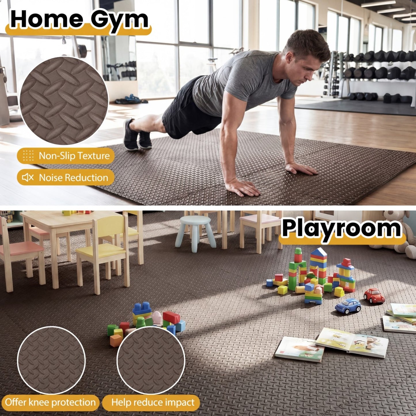 12 Tiles 1/2" Puzzle Exercise Mats, Brown