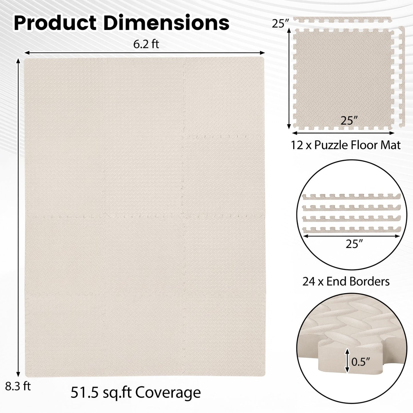 12 Tiles 1/2" Puzzle Exercise Floor Mats, Beige
