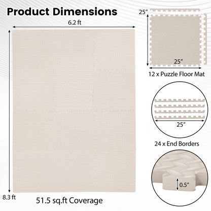 12 Tiles 1/2" Puzzle Exercise Floor Mats, Beige