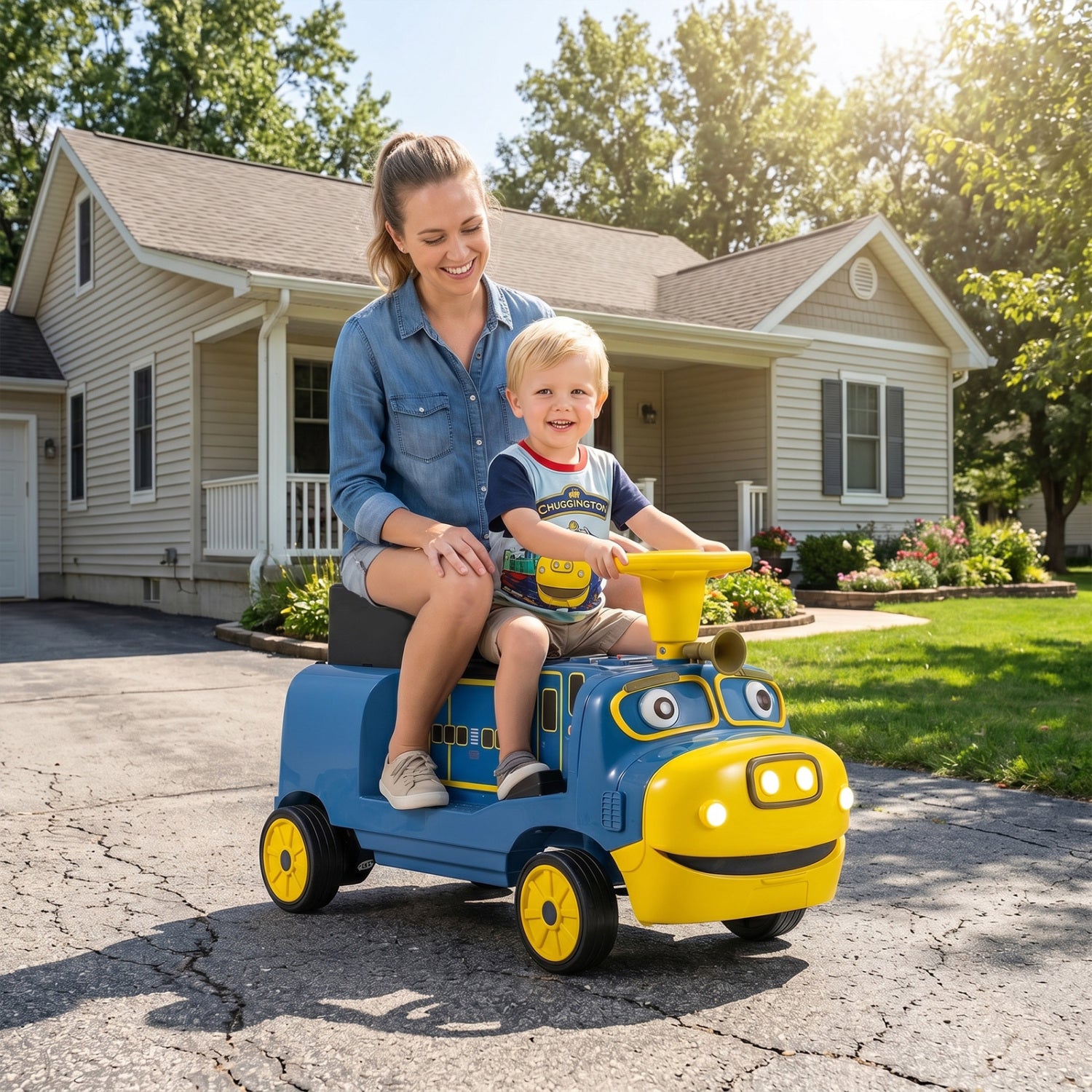 12V 2-Seater Kids Ride on Train with Height Adjustable Seat and Music Licensed Chuggington, Blue Powered Ride On Toys at Gallery Canada