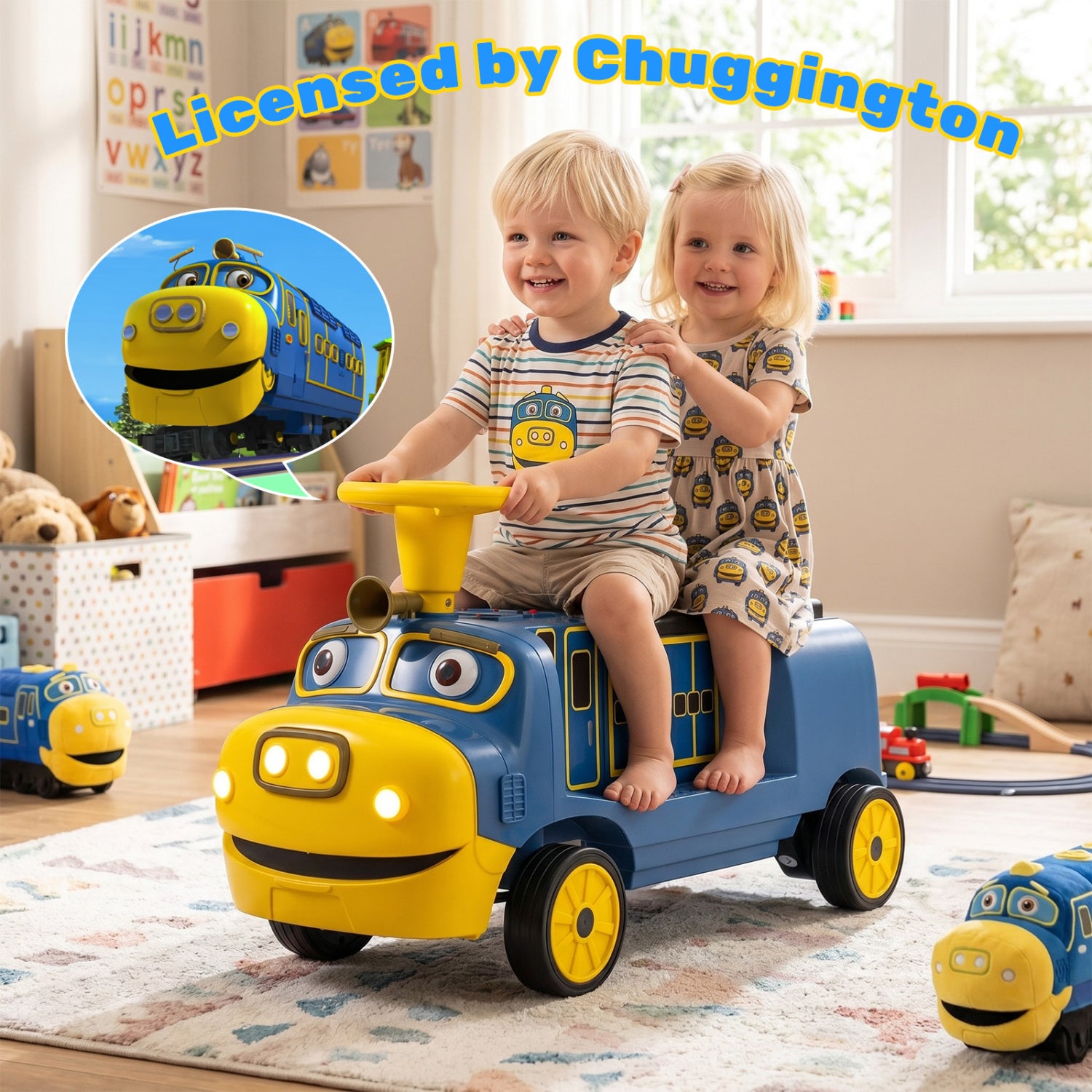 12V 2-Seater Kids Ride on Train with Height Adjustable Seat and Music Licensed Chuggington, Blue Powered Ride On Toys at Gallery Canada
