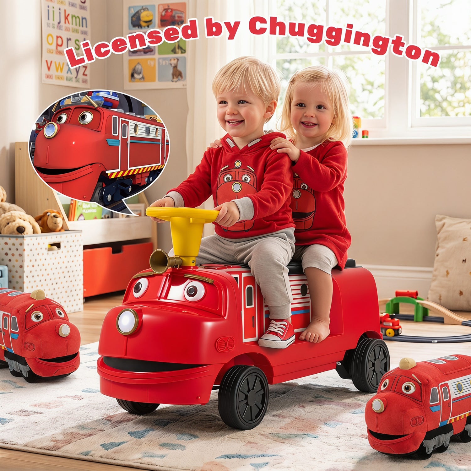 12V 2-Seater Kids Ride on Train with Height Adjustable Seat and Music Licensed Chuggington, Red Powered Ride On Toys at Gallery Canada