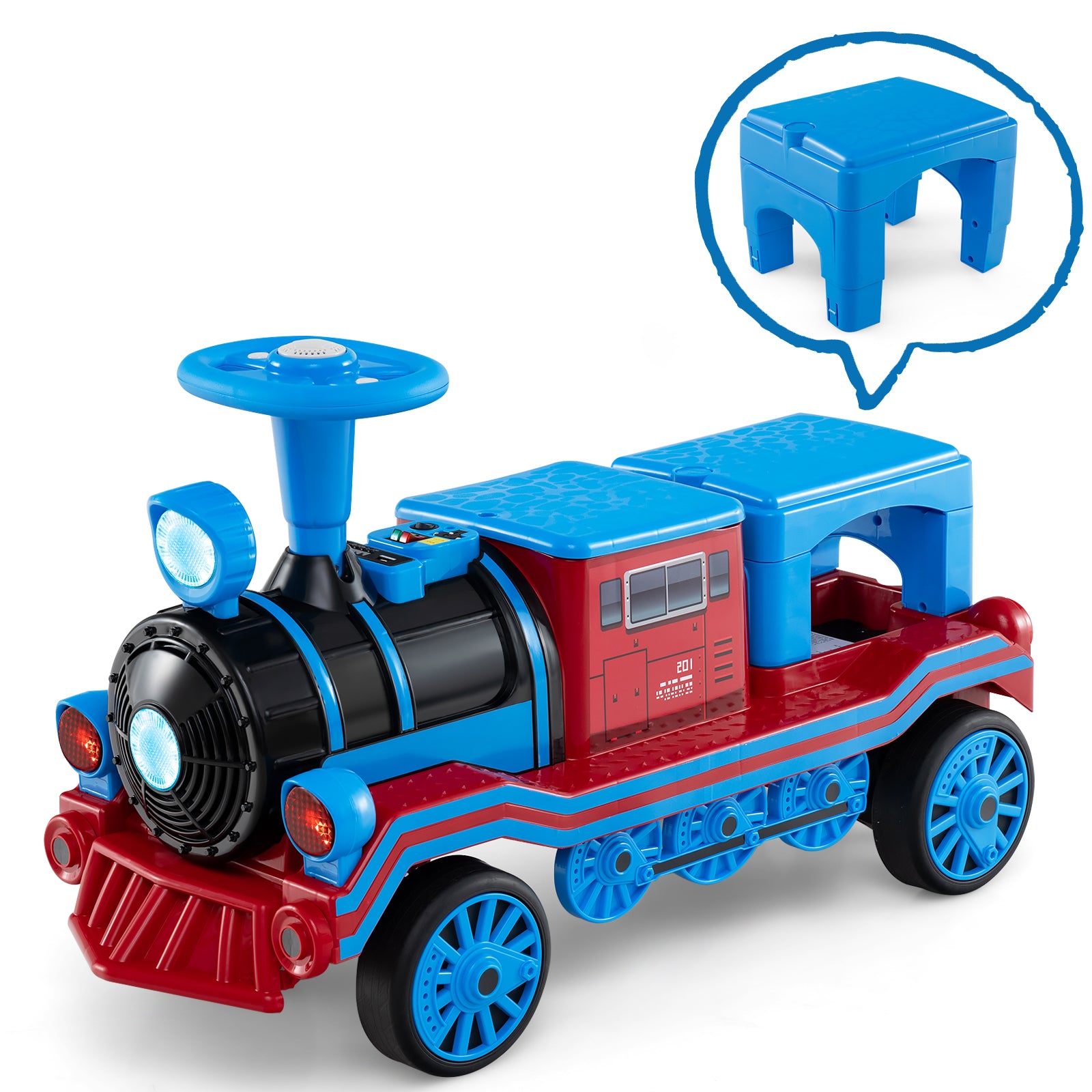 12V 2-Seater Ride on Toy with Train Whistle and Removable Chair, Blue Powered Ride On Toys Blue at Gallery Canada