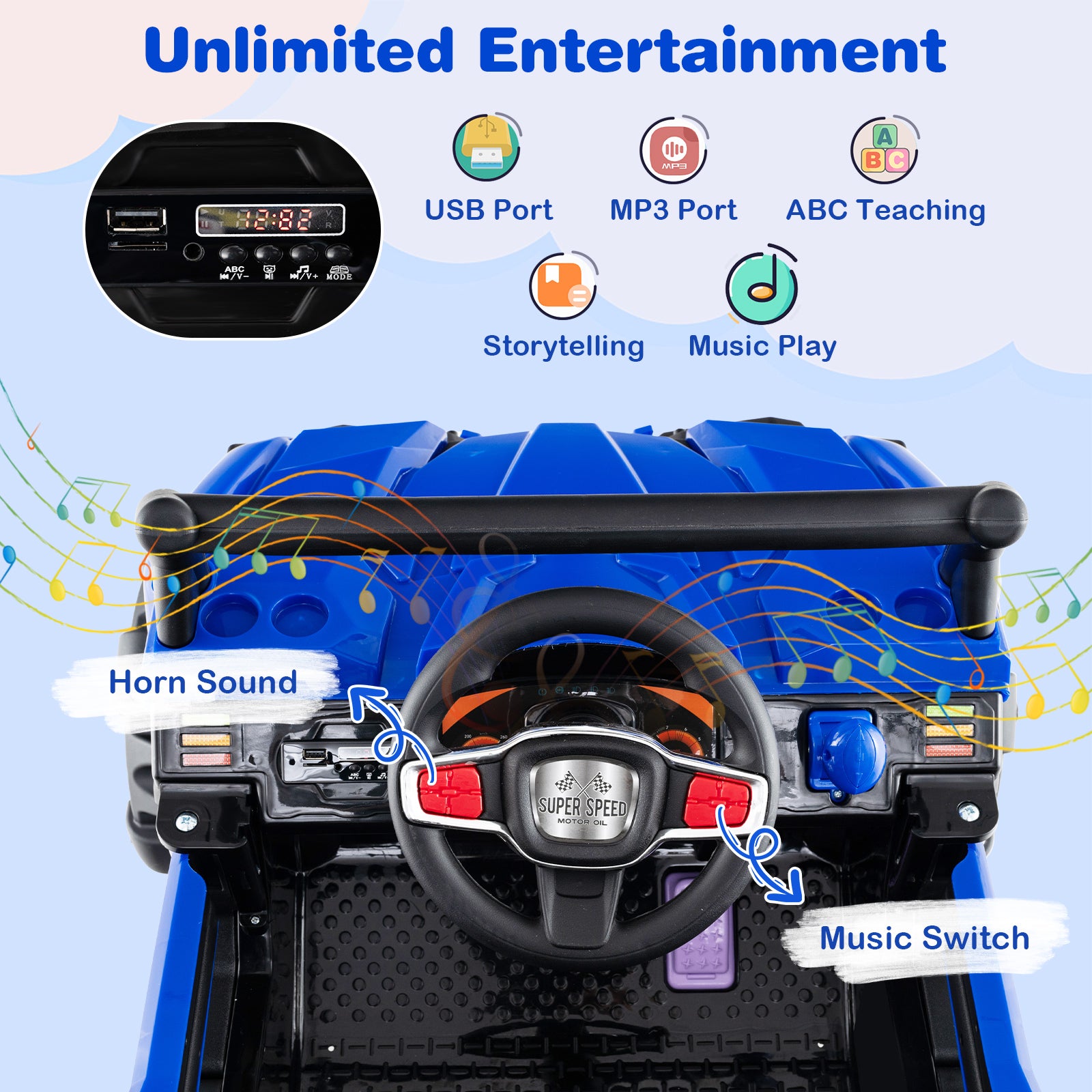 12V Battery Powered Electric Vehicle with Remote Control and 3 Speeds, Blue Powered Ride On Toys at Gallery Canada