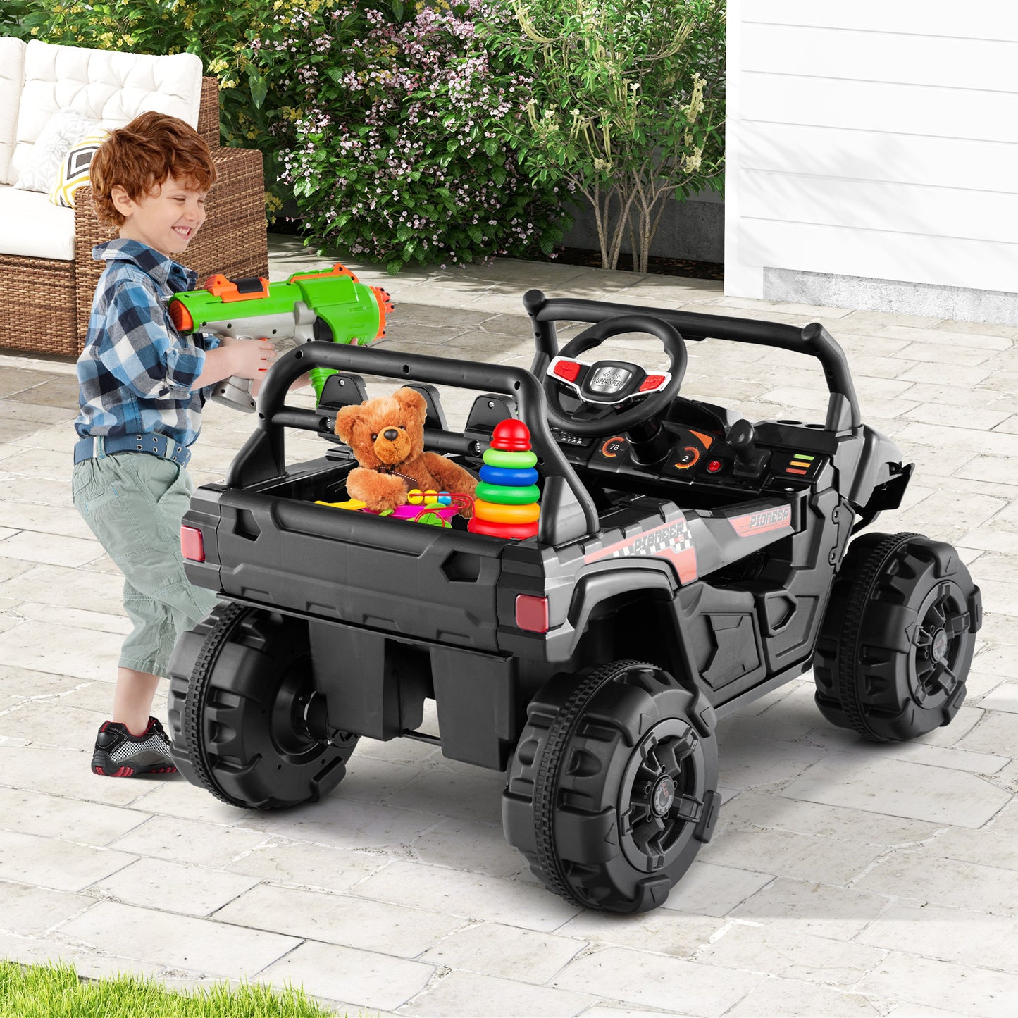 12V Battery Powered Electric Vehicle with Remote Control and 3 Speeds, Black Powered Ride On Toys at Gallery Canada