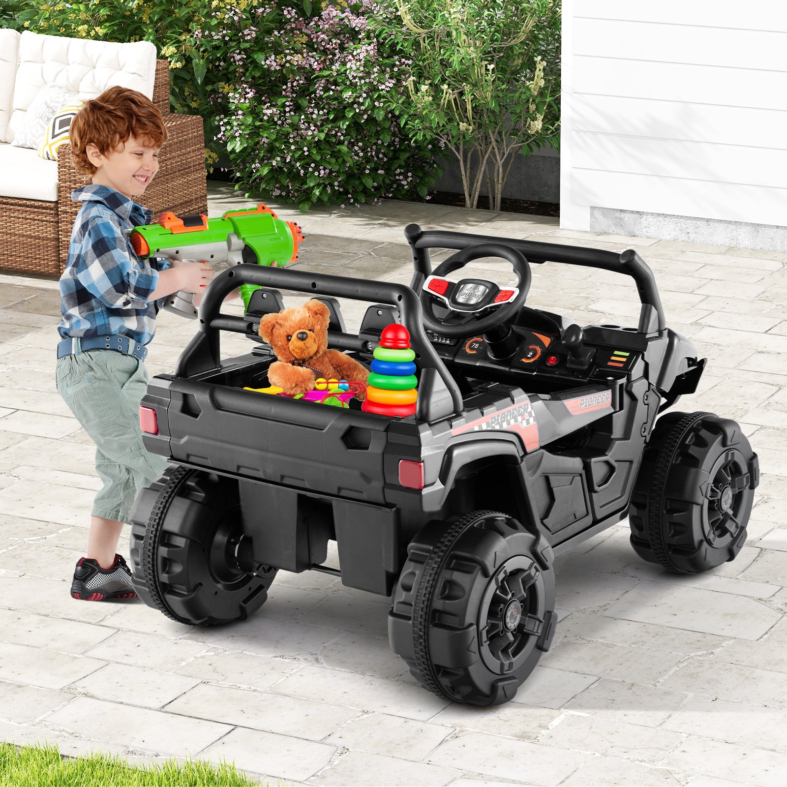 12V Battery Powered Electric Vehicle with Remote Control and 3 Speeds, Black Powered Ride On Toys at Gallery Canada
