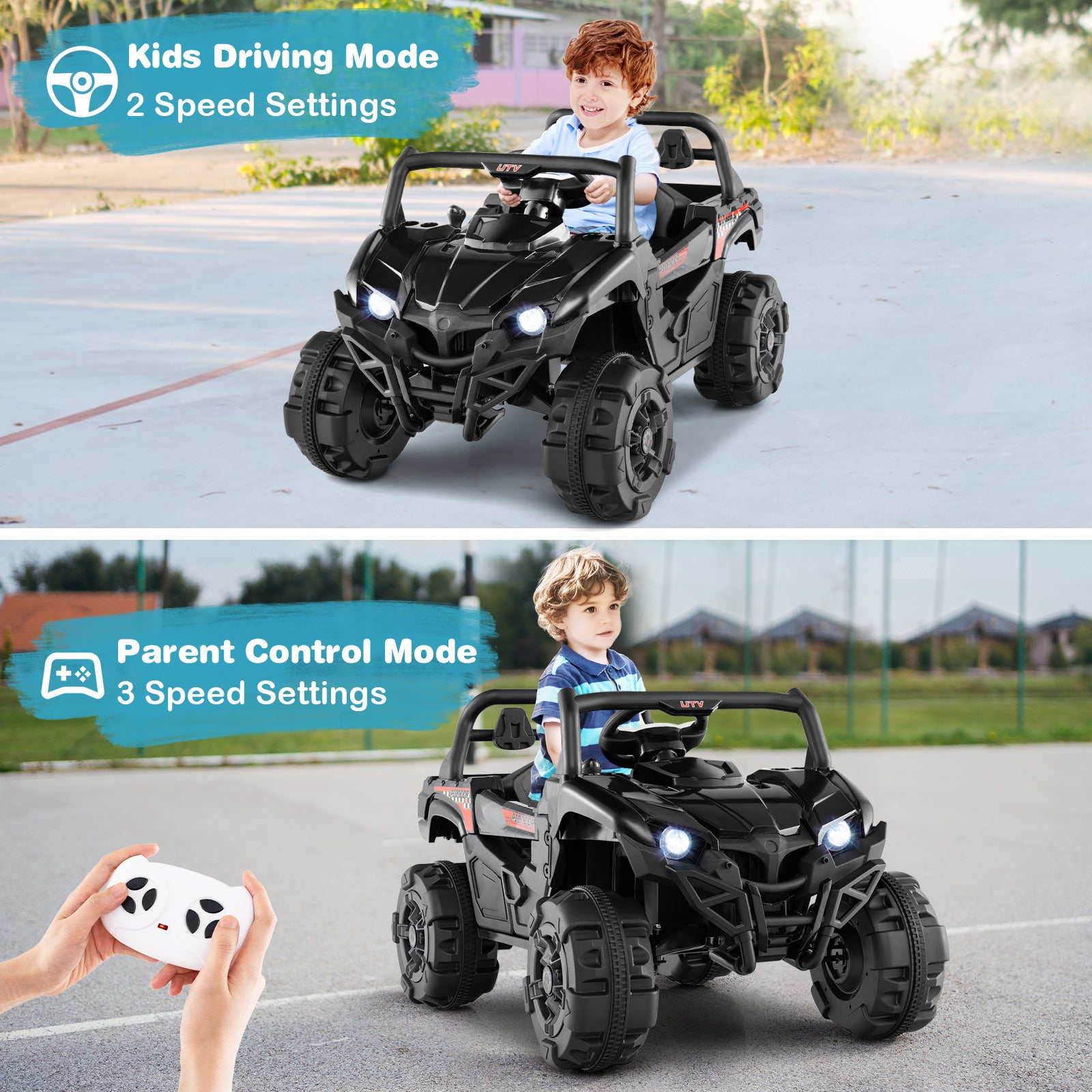 12V Battery Powered Electric Vehicle with Remote Control and 3 Speeds, Black Powered Ride On Toys at Gallery Canada