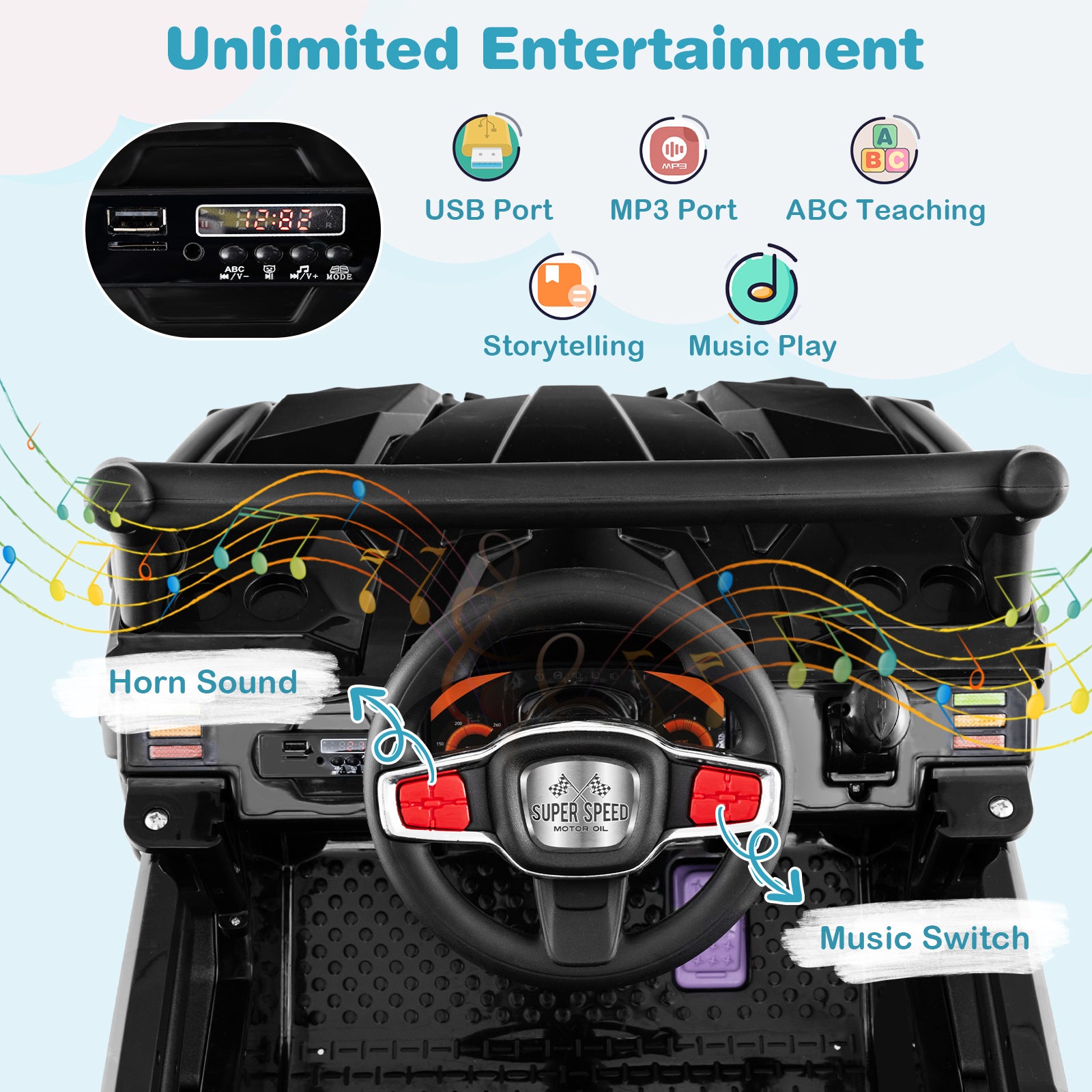 12V Battery Powered Electric Vehicle with Remote Control and 3 Speeds, Black Powered Ride On Toys at Gallery Canada