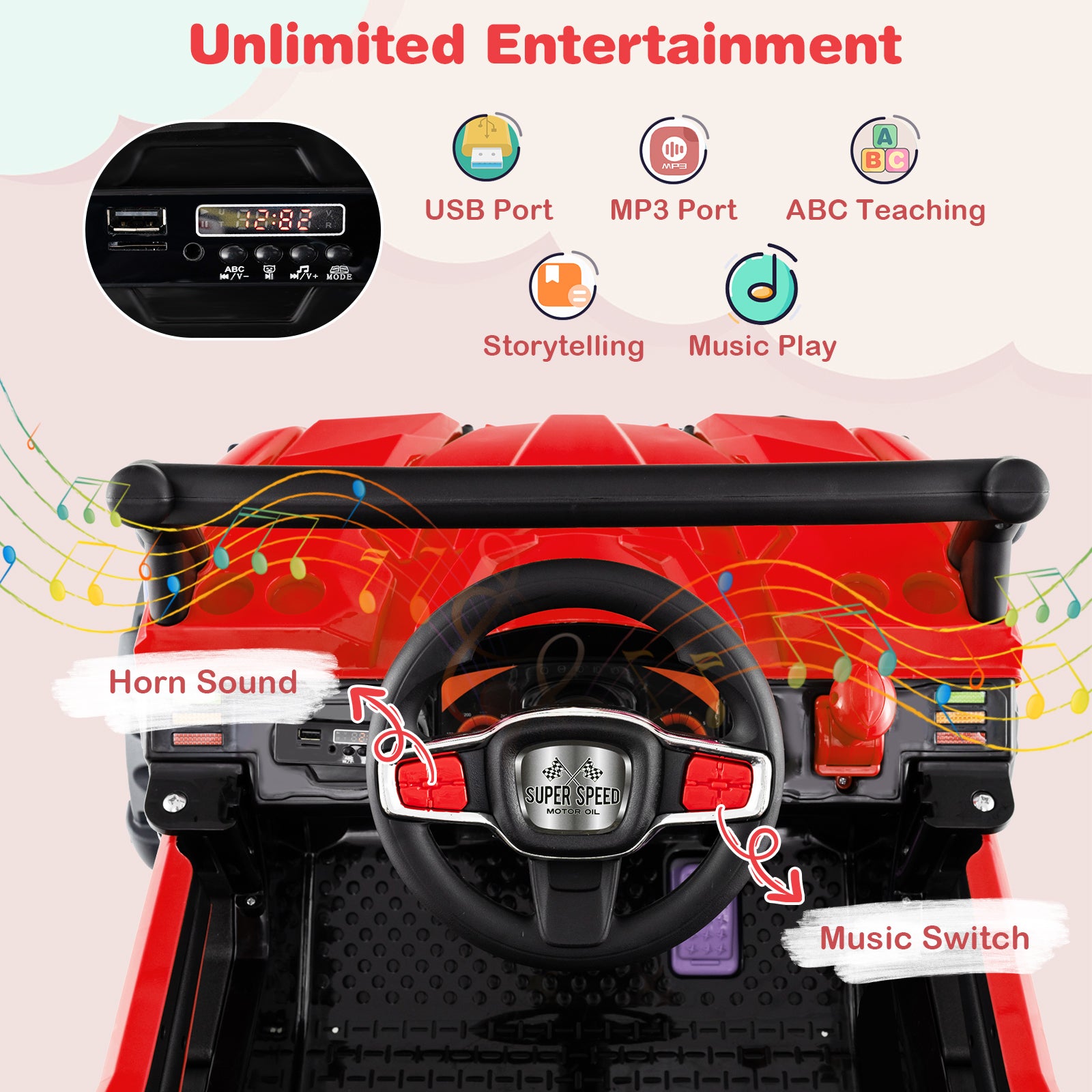 12V Battery Powered Electric Vehicle with Remote Control and 3 Speeds, Red Powered Ride On Toys at Gallery Canada