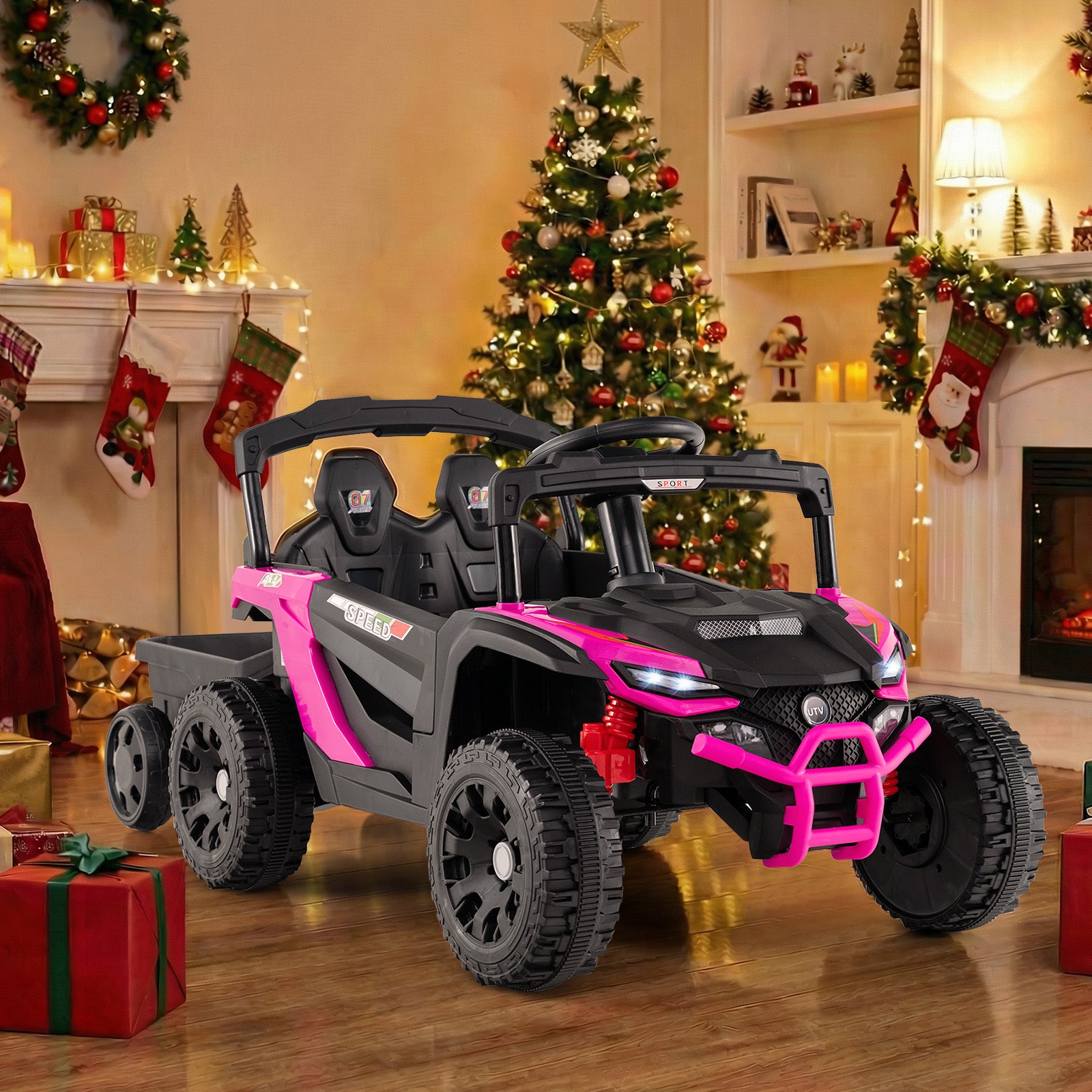 12V Battery Powered Ride On Tractor with Parent Remote Control-MH, Black & Pink Powered Ride On Toys at Gallery Canada