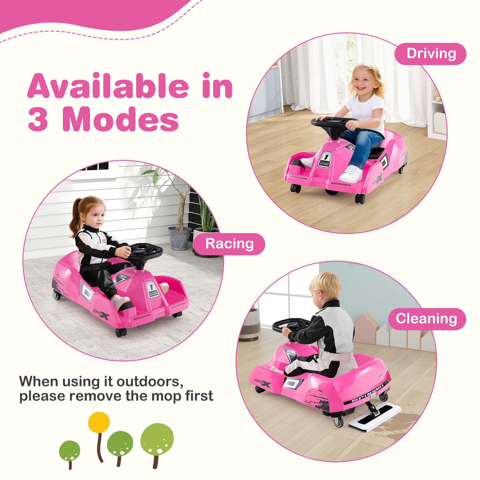 12V Electric Cleaning Go Kart with Detachable Mop and Remote Control, Pink Powered Ride On Toys at Gallery Canada