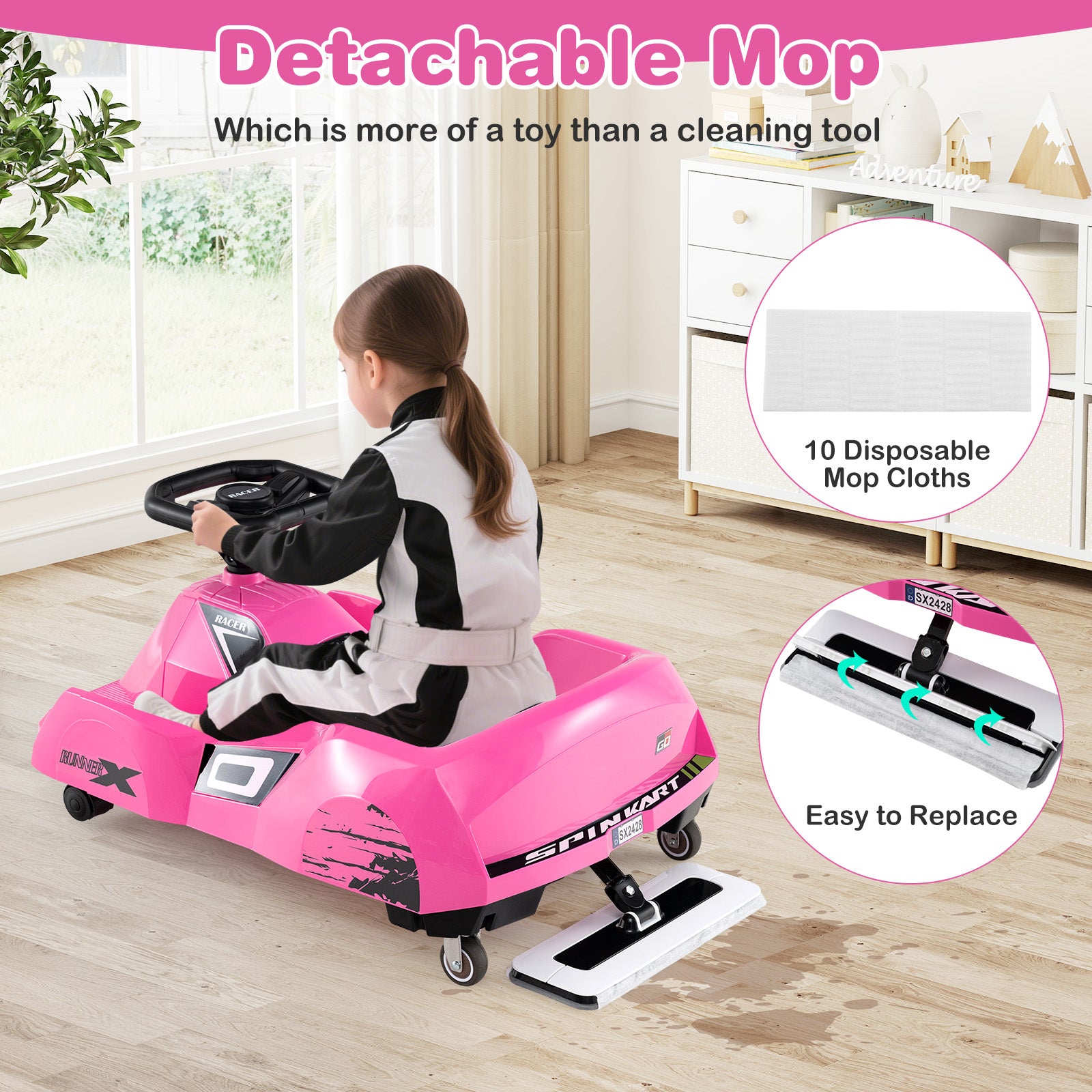12V Electric Cleaning Go Kart with Detachable Mop and Remote Control, Pink Powered Ride On Toys at Gallery Canada