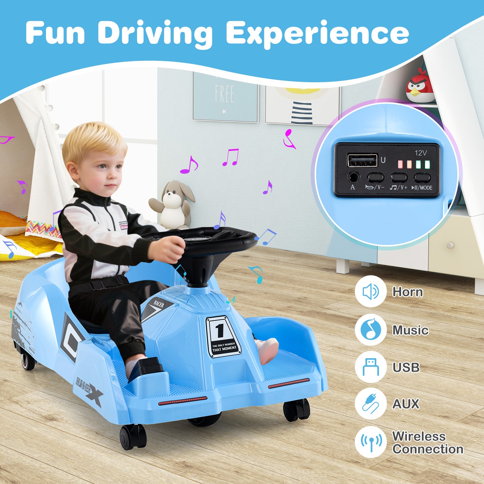 12V Electric Cleaning Go Kart with Detachable Mop and Remote Control, Blue Powered Ride On Toys at Gallery Canada