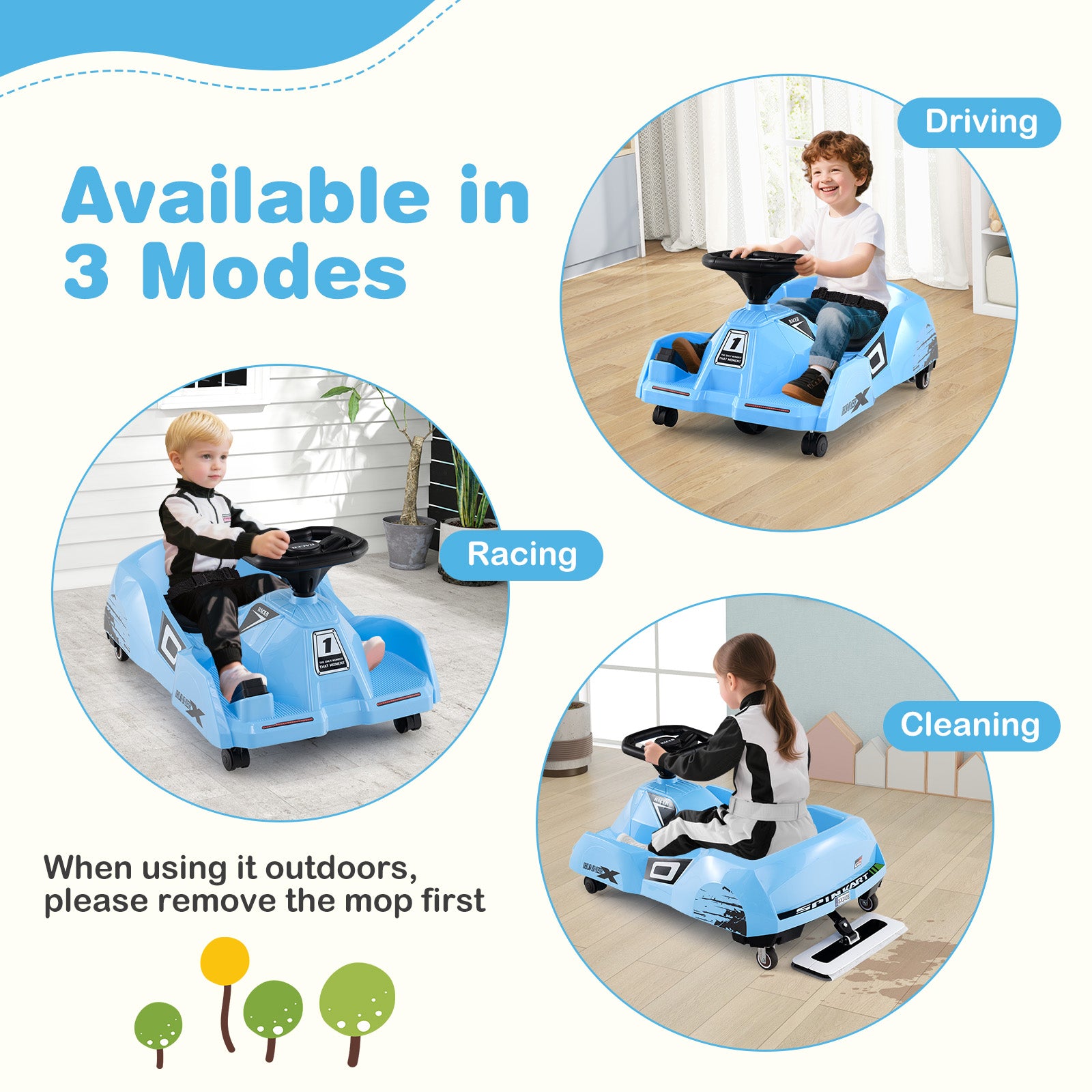 12V Electric Cleaning Go Kart with Detachable Mop and Remote Control, Blue Powered Ride On Toys at Gallery Canada
