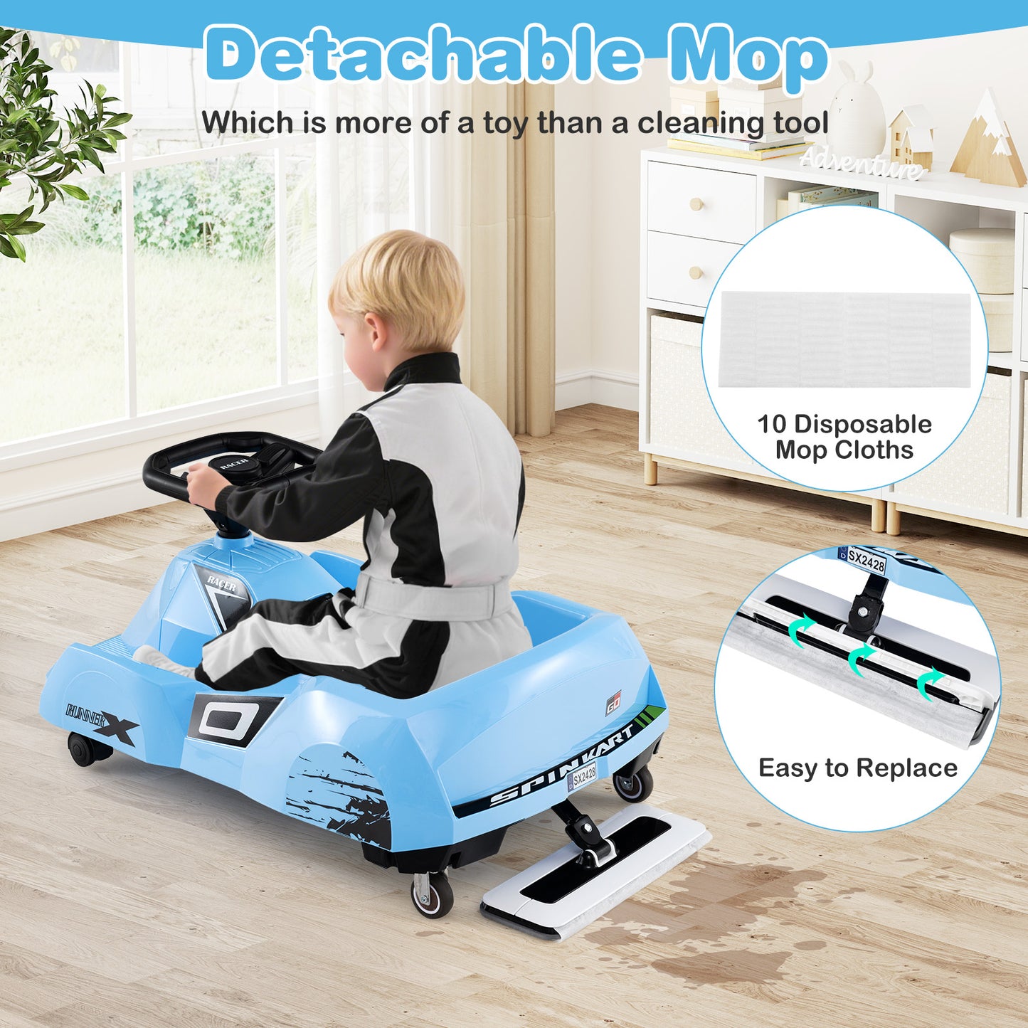 12V Electric Cleaning Go Kart with Detachable Mop and Remote Control, Blue Powered Ride On Toys at Gallery Canada