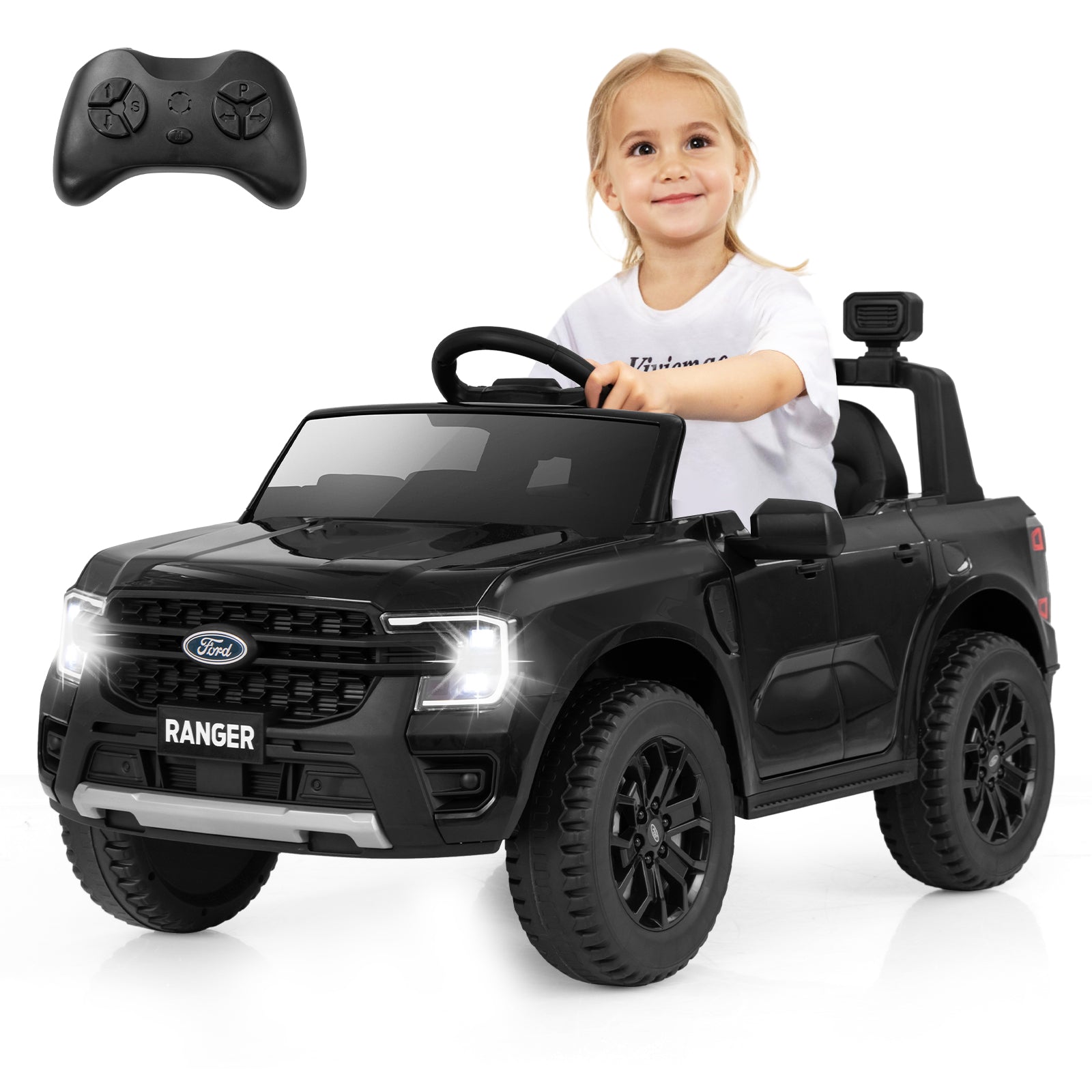 12V Electric Kids Ride on Car Licensed Ford Ranger with Remote Control and Music, Black Powered Ride On Toys at Gallery Canada