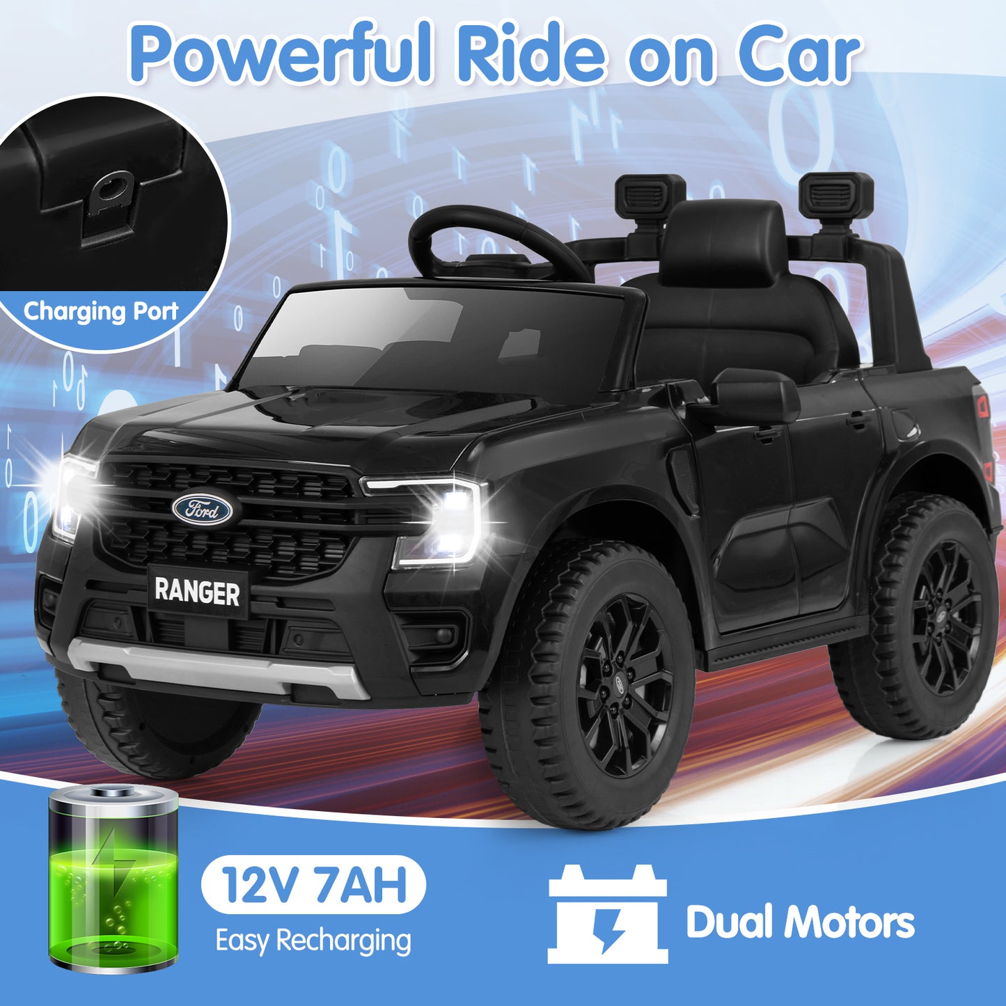 12V Electric Kids Ride on Car Licensed Ford Ranger with Remote Control and Music, Black Powered Ride On Toys at Gallery Canada
