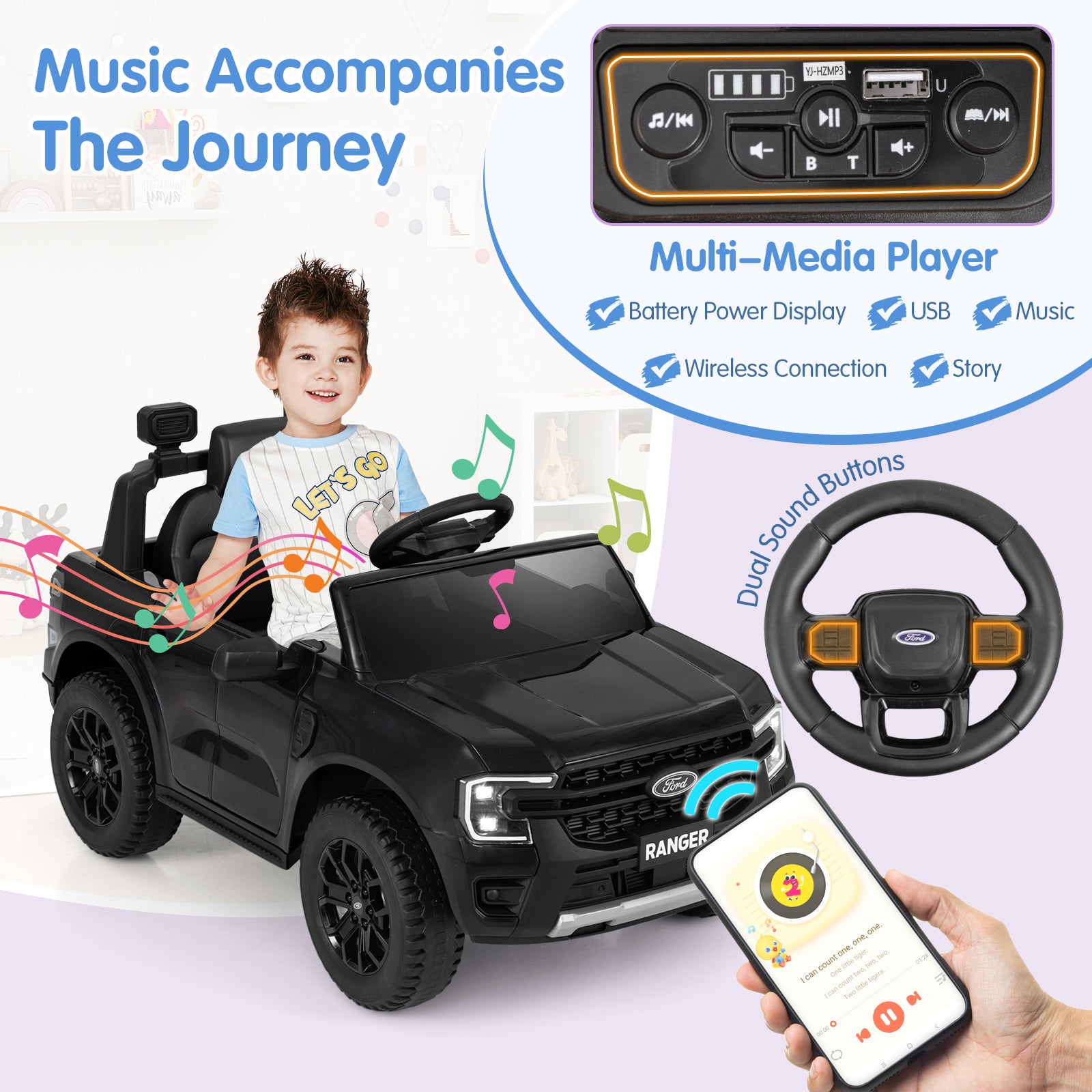 12V Electric Kids Ride on Car Licensed Ford Ranger with Remote Control and Music, Black Powered Ride On Toys at Gallery Canada