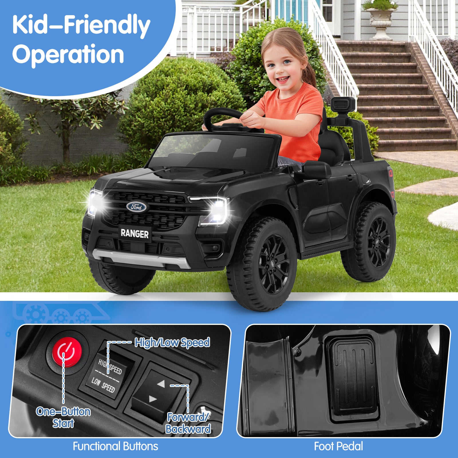 12V Electric Kids Ride on Car Licensed Ford Ranger with Remote Control and Music, Black Powered Ride On Toys at Gallery Canada
