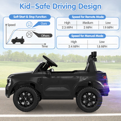 12V Electric Kids Ride on Car Licensed Ford Ranger with Remote Control and Music, Black Powered Ride On Toys at Gallery Canada