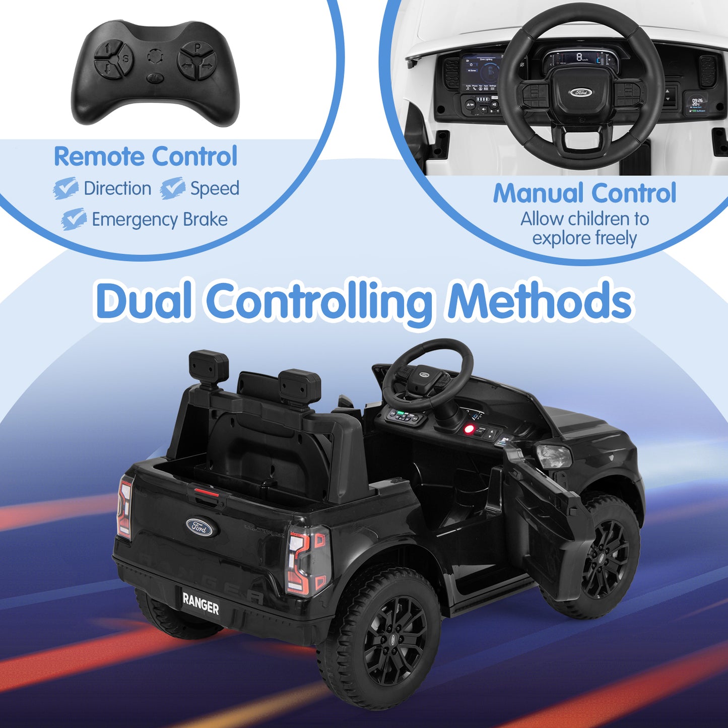 12V Electric Kids Ride on Car Licensed Ford Ranger with Remote Control and Music, Black Powered Ride On Toys at Gallery Canada