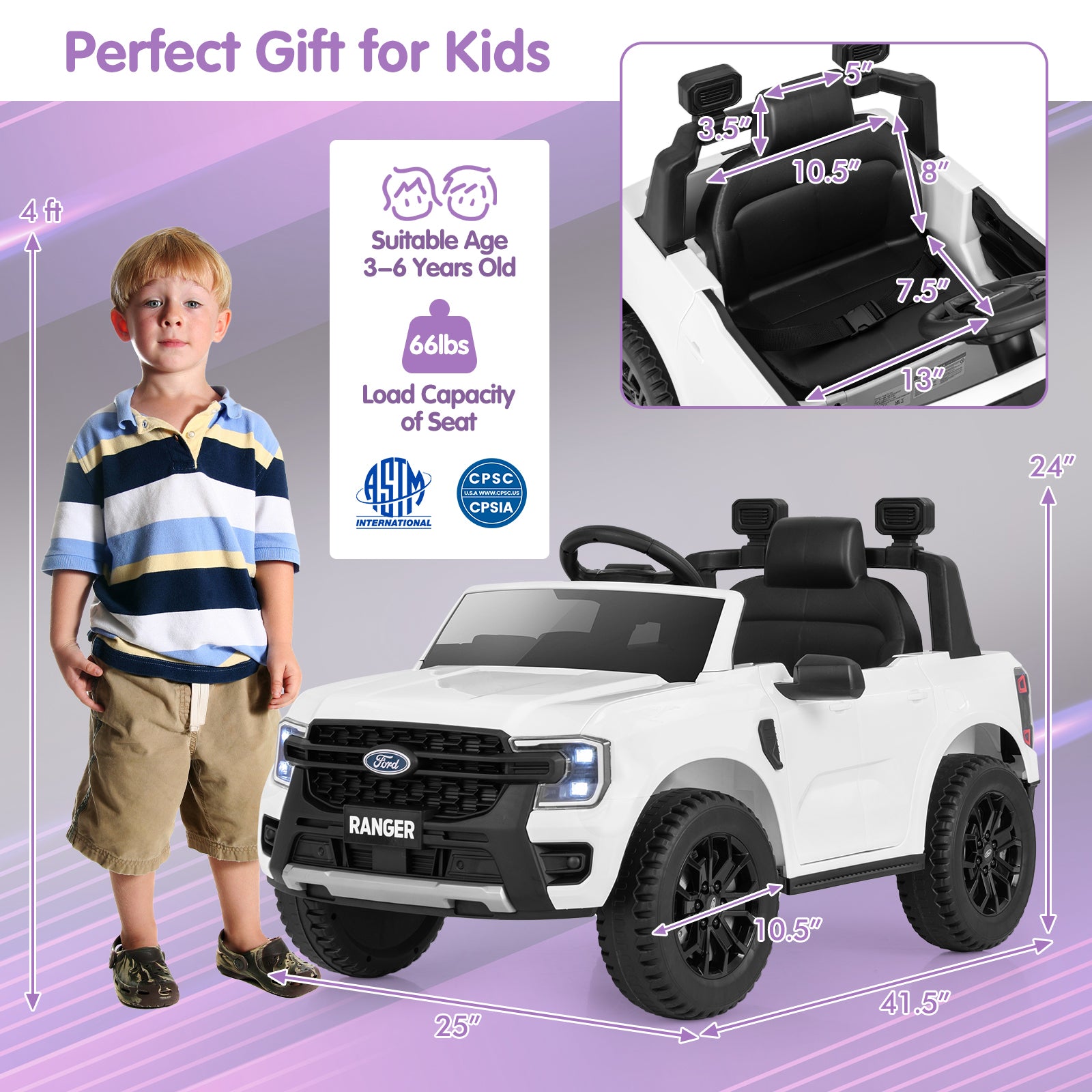 12V Electric Kids Ride on Car Licensed Ford Ranger with Remote Control and Music, White Powered Ride On Toys at Gallery Canada