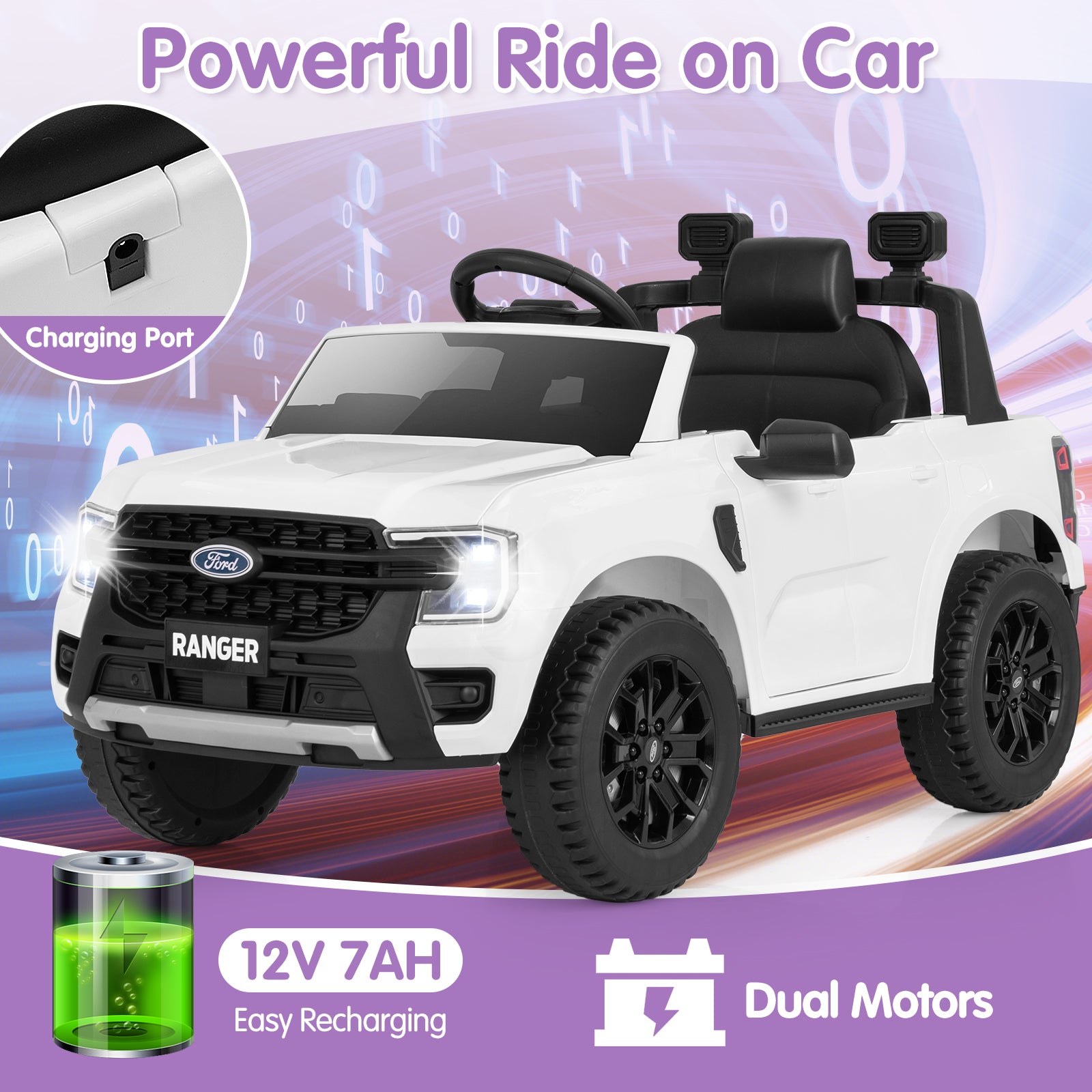 12V Electric Kids Ride on Car Licensed Ford Ranger with Remote Control and Music, White Powered Ride On Toys at Gallery Canada
