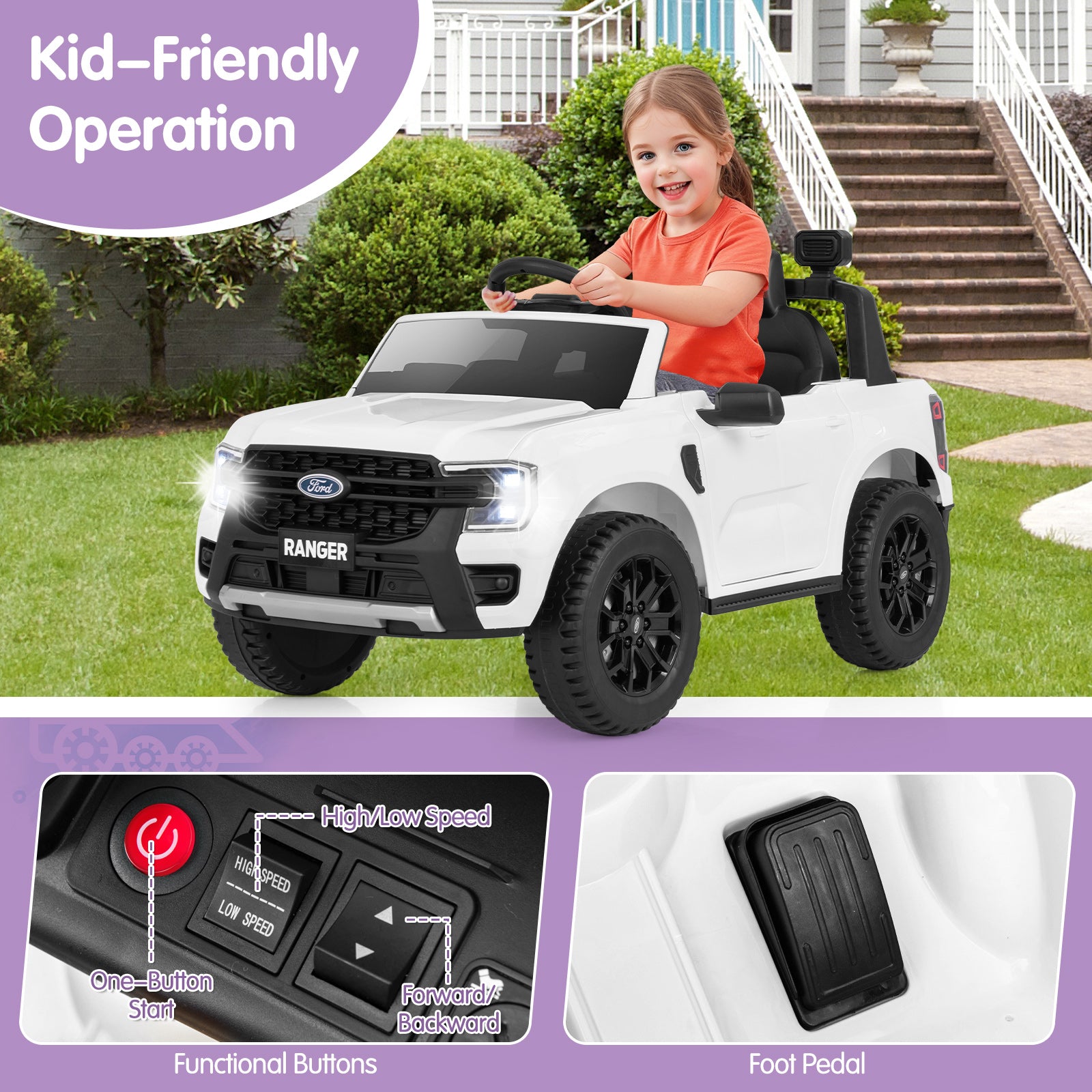 12V Electric Kids Ride on Car Licensed Ford Ranger with Remote Control and Music, White Powered Ride On Toys at Gallery Canada