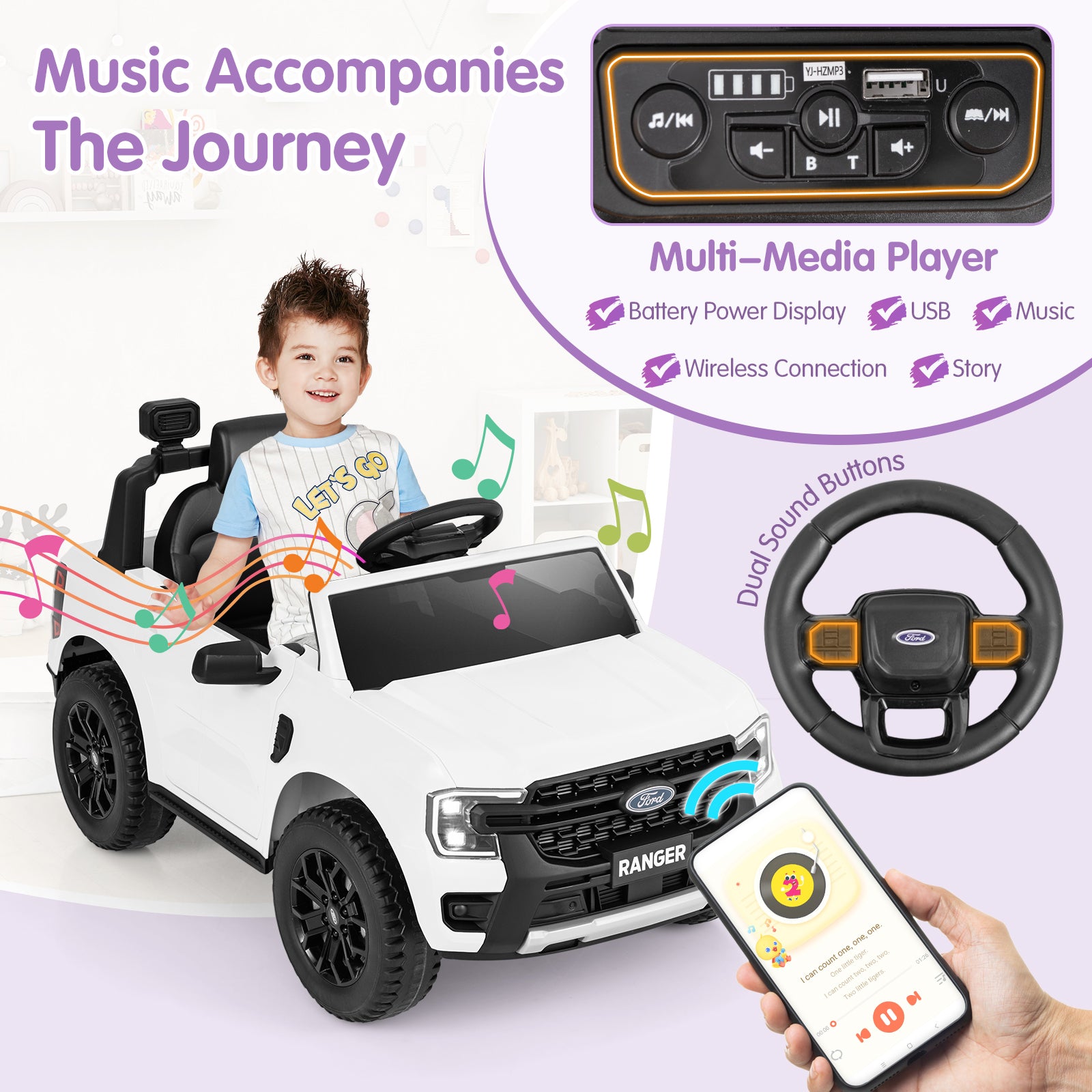 12V Electric Kids Ride on Car Licensed Ford Ranger with Remote Control and Music, White Powered Ride On Toys at Gallery Canada