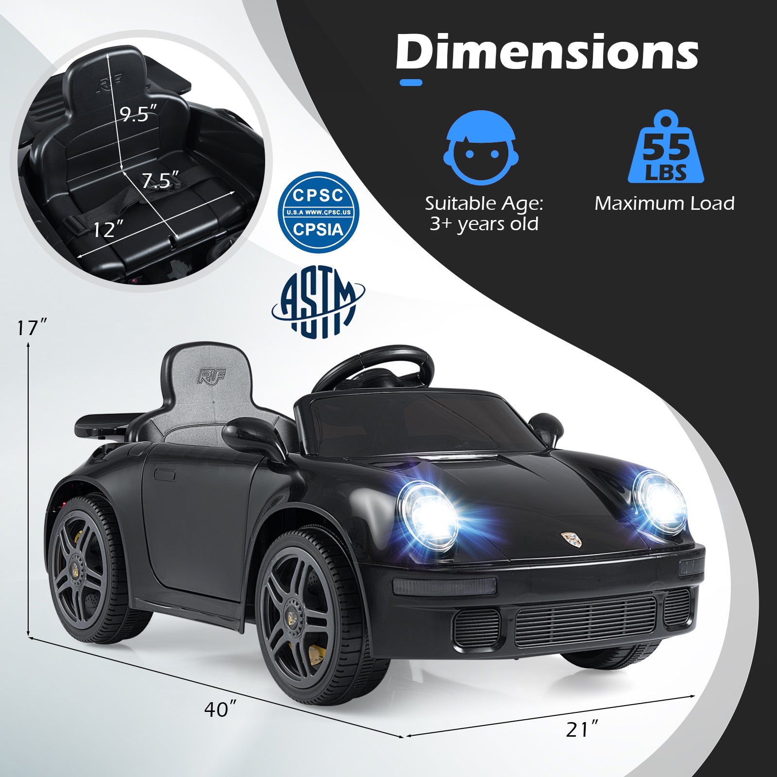 12V Electric Ride On Car Licensed RUF CTR with Remote Control and Music, Black Powered Ride On Toys at Gallery Canada