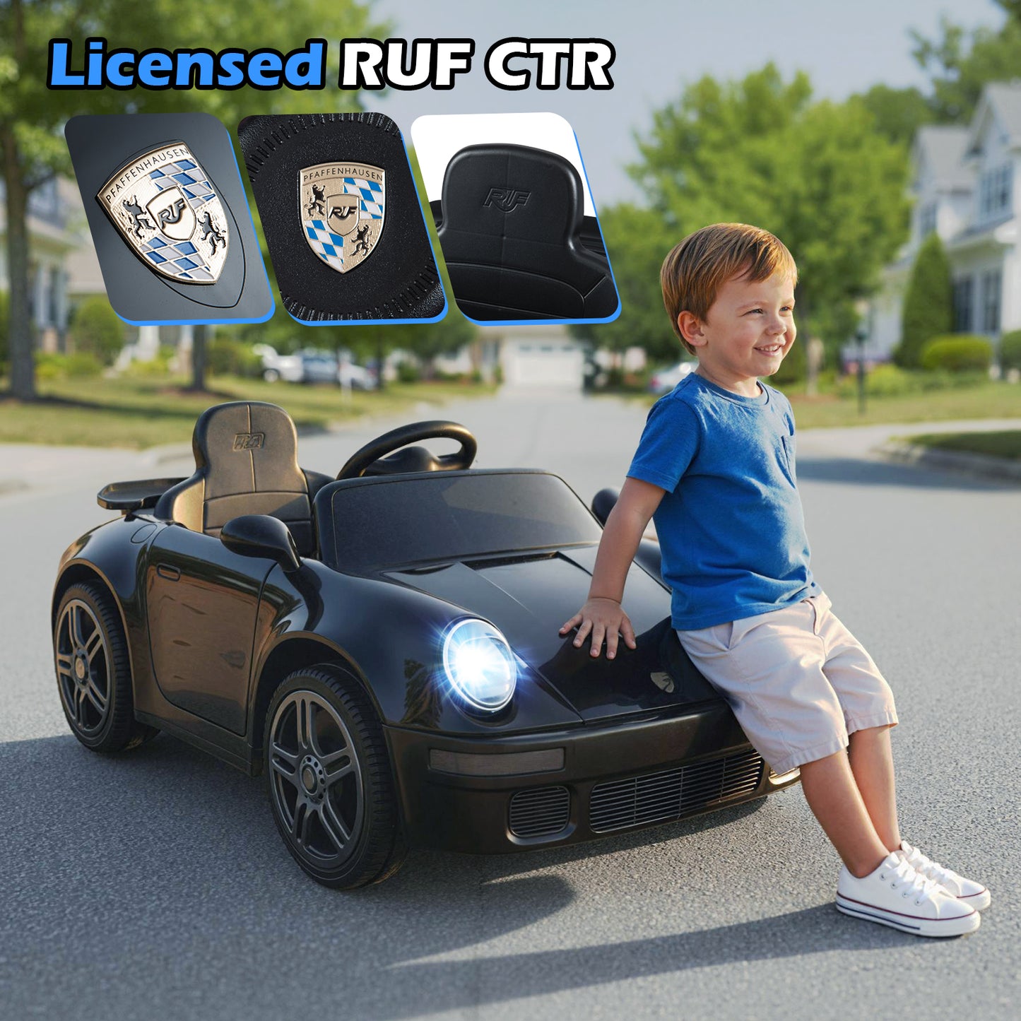 12V Electric Ride On Car Licensed RUF CTR with Remote Control and Music, Black Powered Ride On Toys at Gallery Canada
