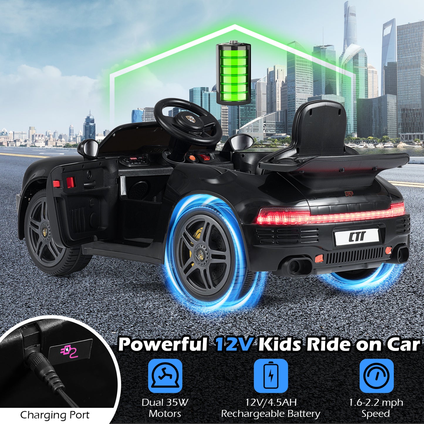 12V Electric Ride On Car Licensed RUF CTR with Remote Control and Music, Black Powered Ride On Toys at Gallery Canada