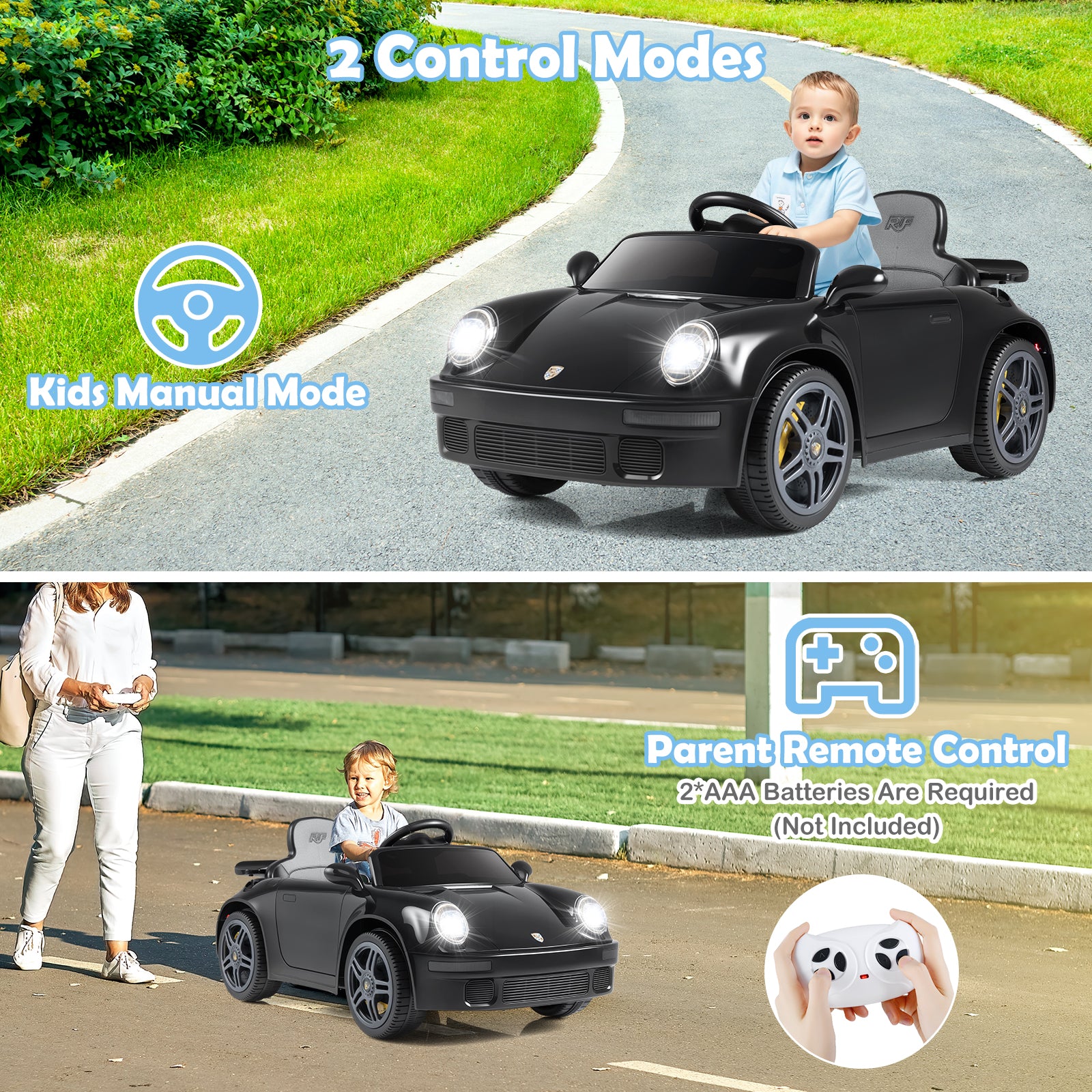12V Electric Ride On Car Licensed RUF CTR with Remote Control and Music, Black Powered Ride On Toys at Gallery Canada