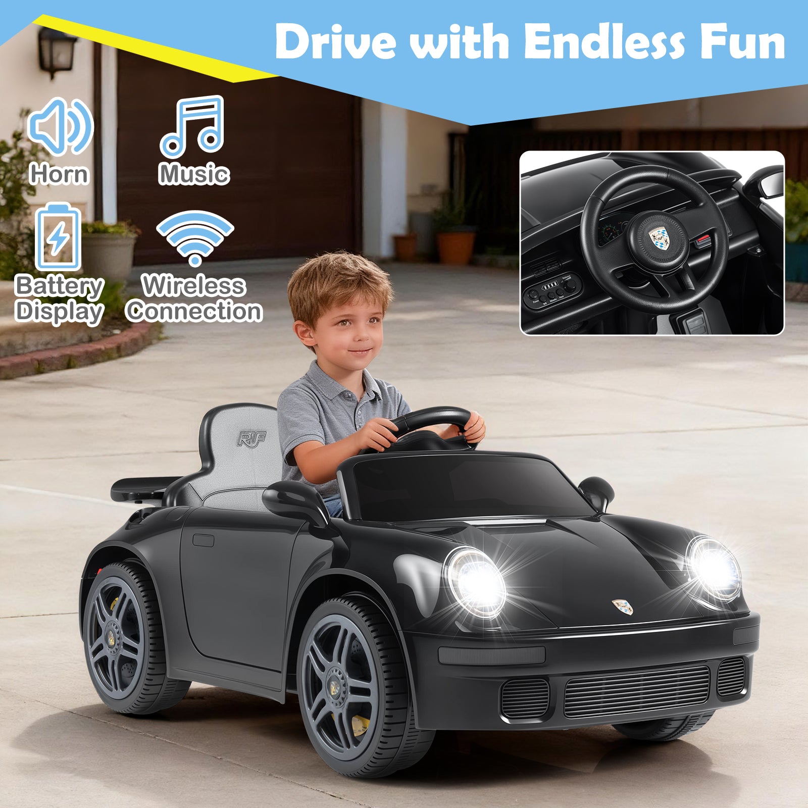12V Electric Ride On Car Licensed RUF CTR with Remote Control and Music, Black Powered Ride On Toys at Gallery Canada