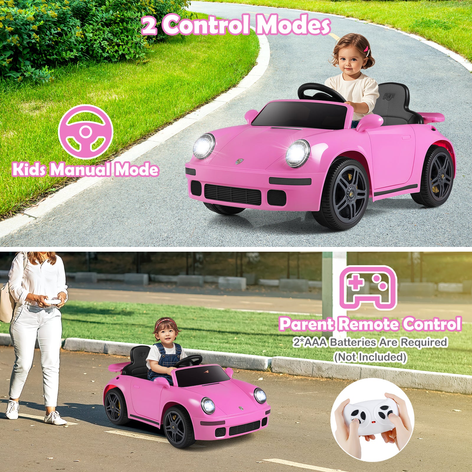 12V Electric Ride On Car Licensed RUF CTR with Remote Control and Music, Pink Powered Ride On Toys at Gallery Canada