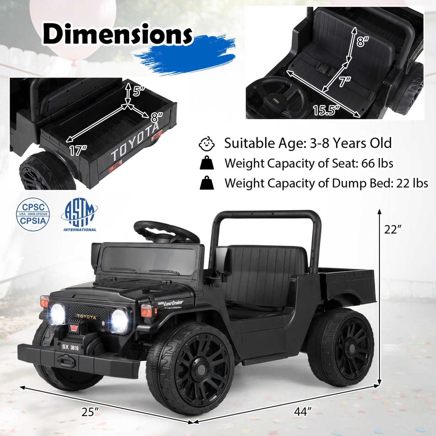 12V Electric Ride On Truck, Dump Bed, Music, Licensed Toyota, Black Powered Ride On Toys at Gallery Canada