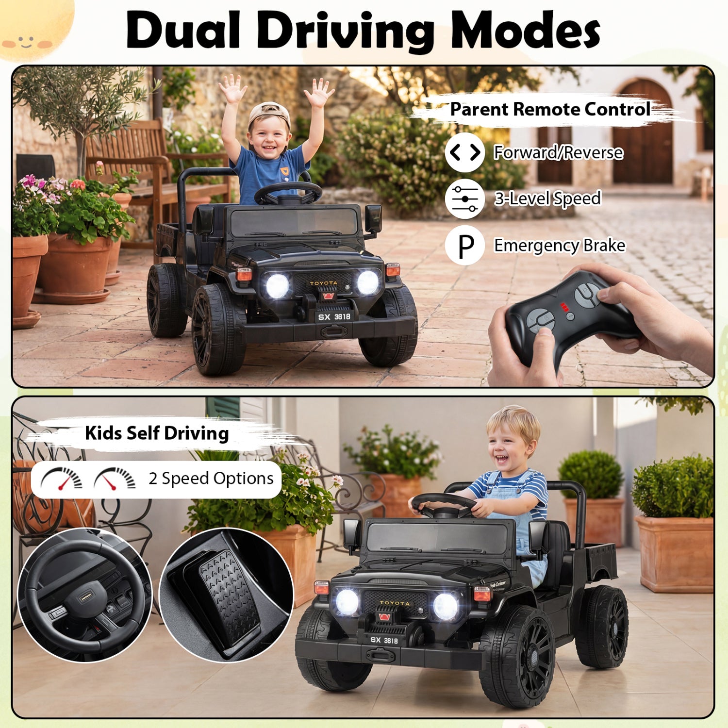 12V Electric Ride On Truck, Dump Bed, Music, Licensed Toyota, Black Powered Ride On Toys at Gallery Canada