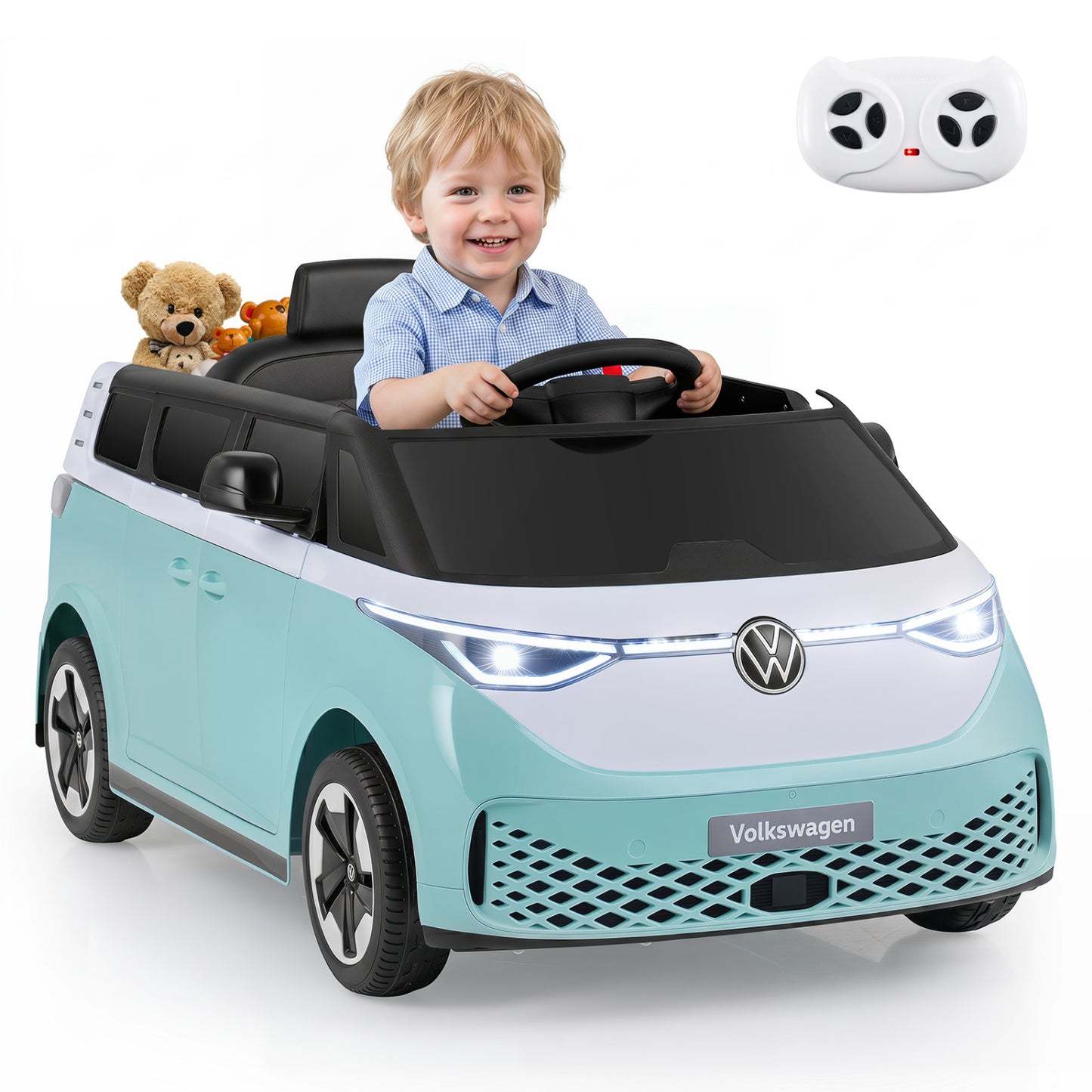 12V Kids Electric Car Bus with Music and LED Headlights Licensed Volkswagen, Light Blue Powered Ride On Toys at Gallery Canada