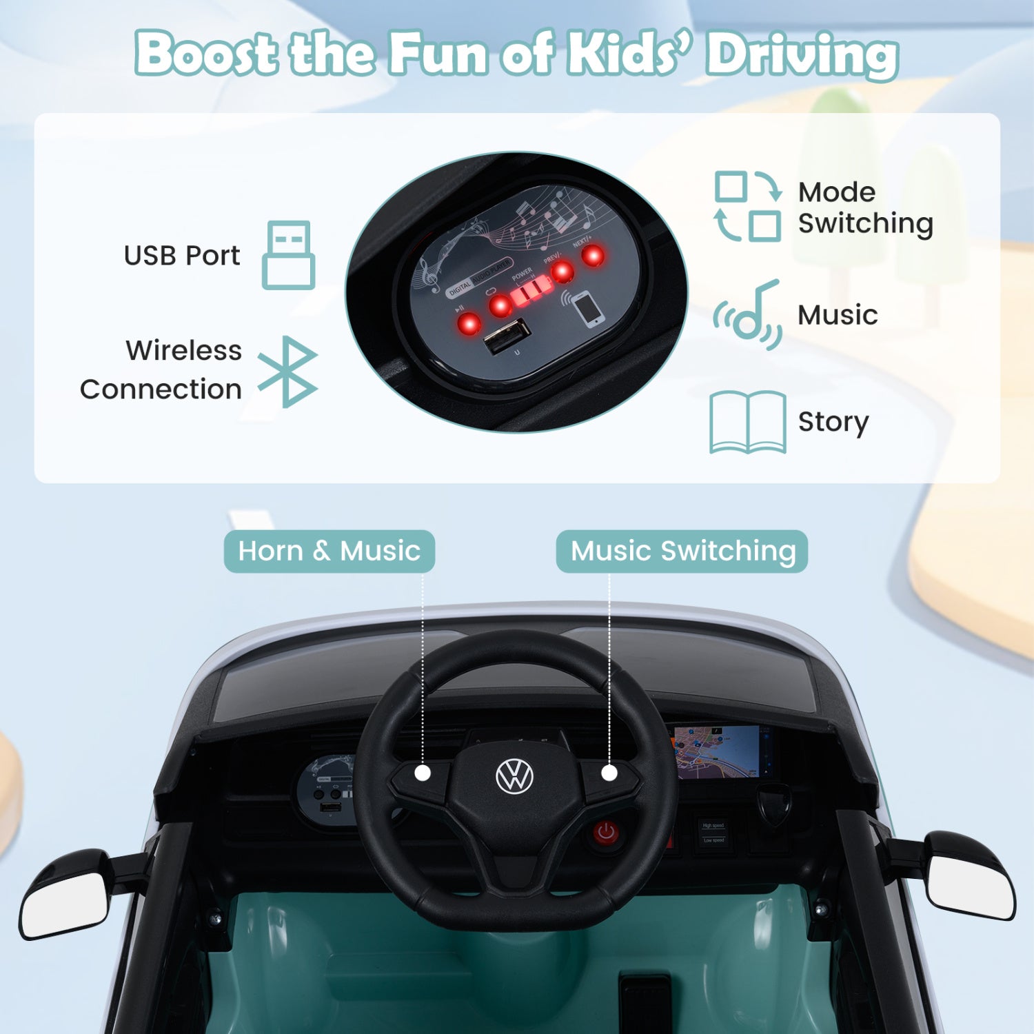 12V Kids Electric Car Bus with Music and LED Headlights Licensed Volkswagen, Light Blue Powered Ride On Toys at Gallery Canada