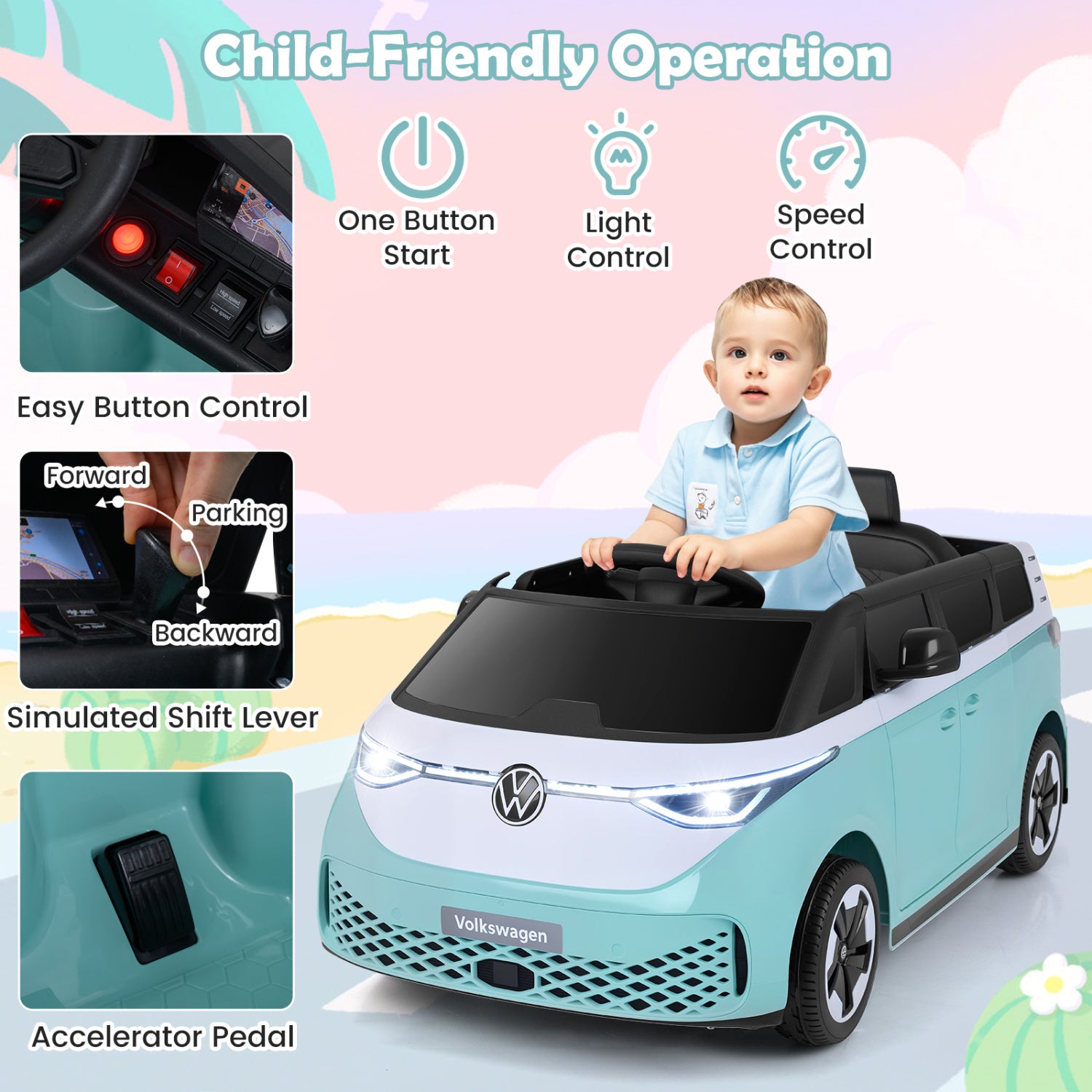 12V Kids Electric Car Bus with Music and LED Headlights Licensed Volkswagen, Light Blue Powered Ride On Toys at Gallery Canada