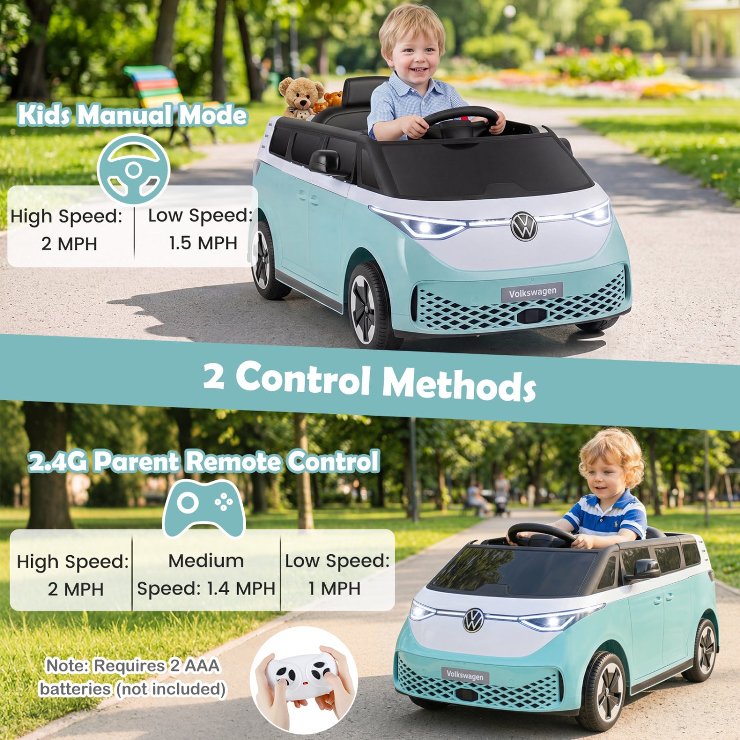 12V Kids Electric Car Bus with Music and LED Headlights Licensed Volkswagen, Light Blue Powered Ride On Toys at Gallery Canada