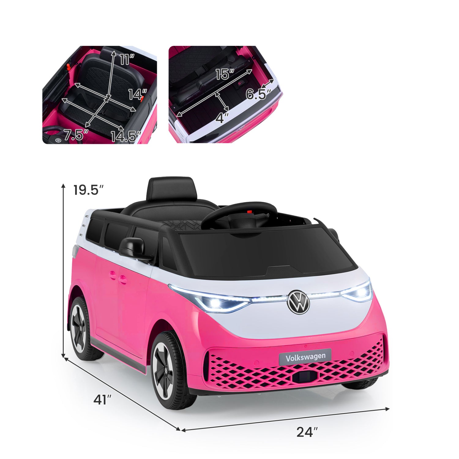 12V Kids Electric Car Bus with Music and LED Headlights Licensed Volkswagen, Pink Powered Ride On Toys at Gallery Canada