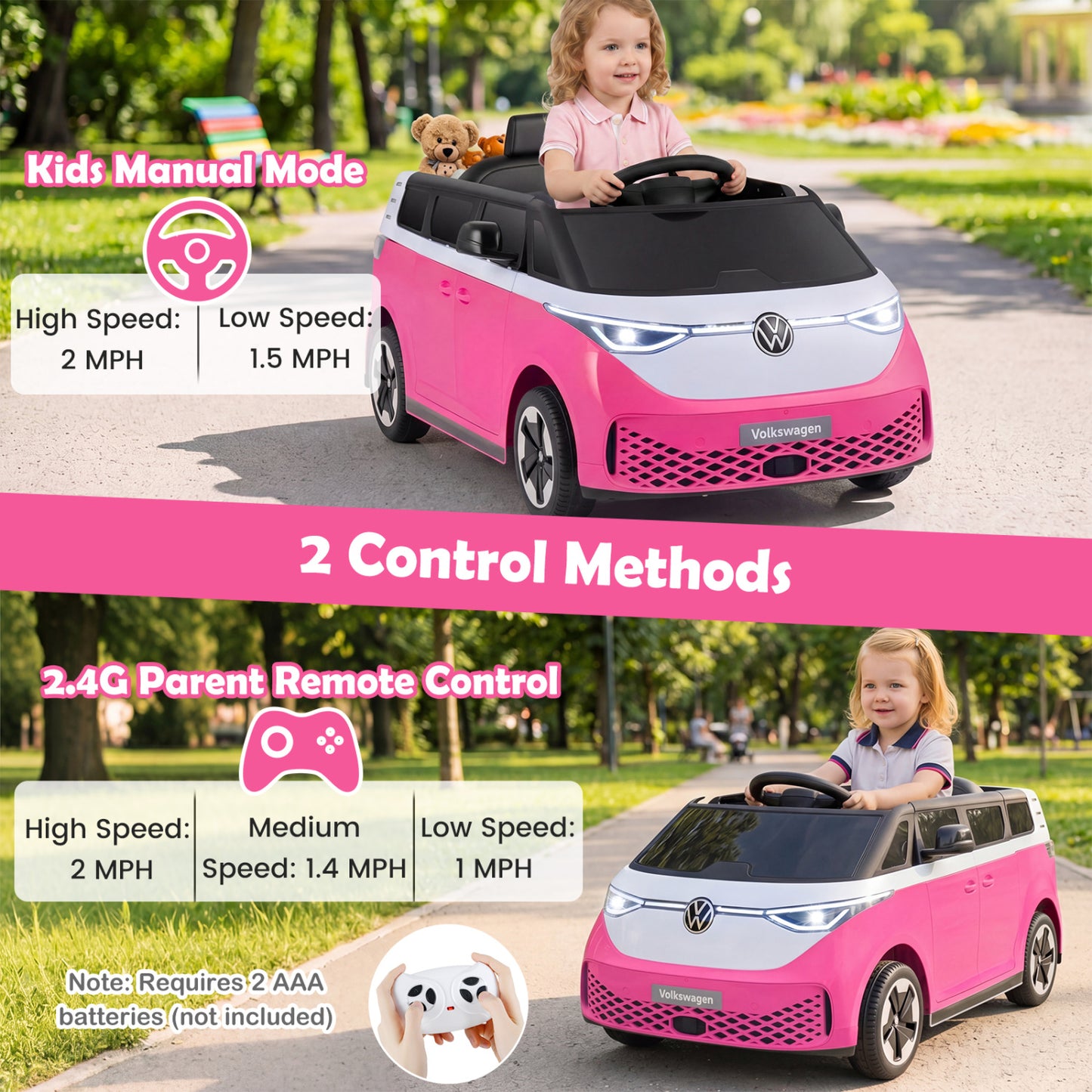 12V Kids Electric Car Bus with Music and LED Headlights Licensed Volkswagen, Pink Powered Ride On Toys at Gallery Canada