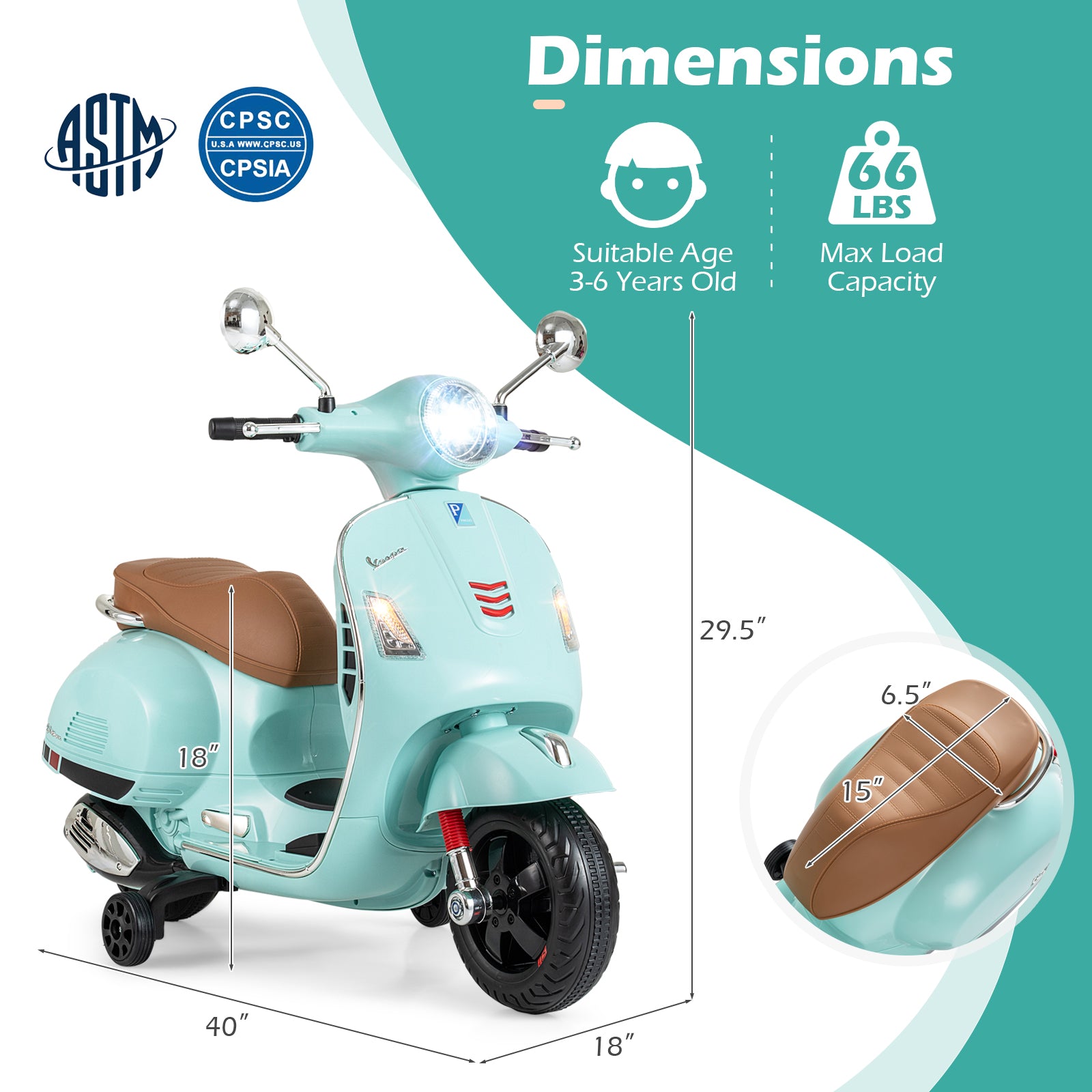 12V Kids Electric Motorcycle Licensed VESPA with Music and Training Wheels, Green Powered Ride On Toys at Gallery Canada