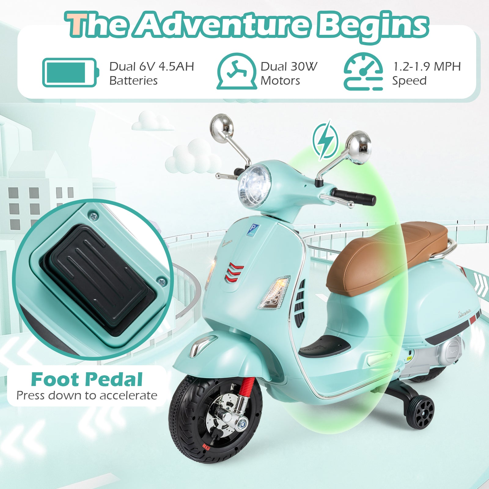 12V Kids Electric Motorcycle Licensed VESPA with Music and Training Wheels, Green Powered Ride On Toys at Gallery Canada